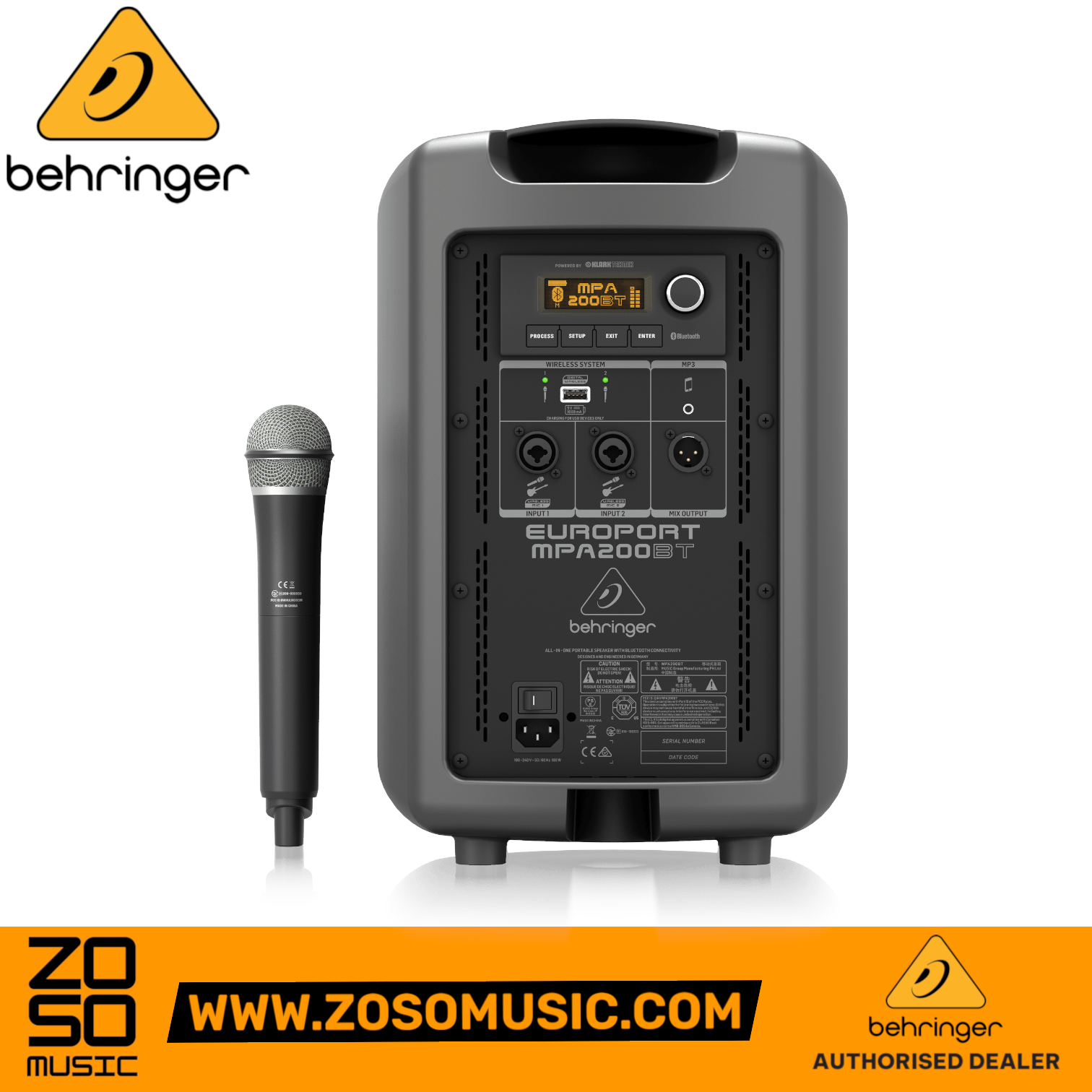 Zoso Music Behringer MPA200BT portable PA speaker system with included wireless microphone and rear control panel view