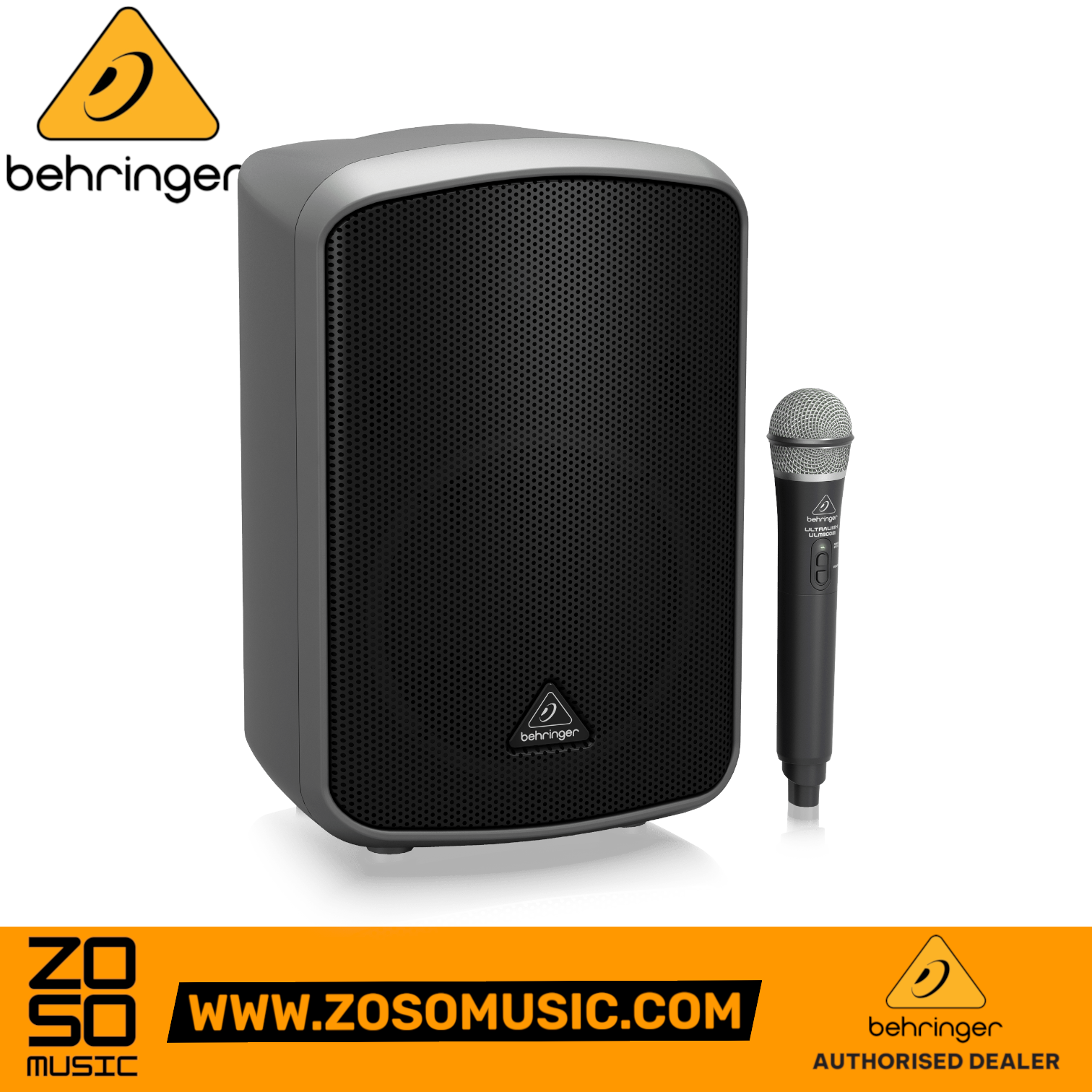 Zoso Music Behringer MPA200BT portable PA speaker with wireless microphone, featuring a black 8-inch woofer design.