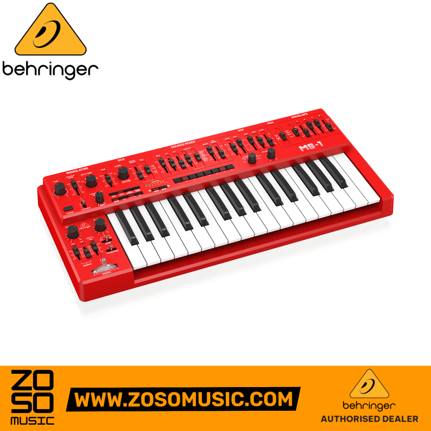 Zoso Music Behringer MS-1-RD red analog monophonic synthesizer with 32 semi-weighted keys and control sliders