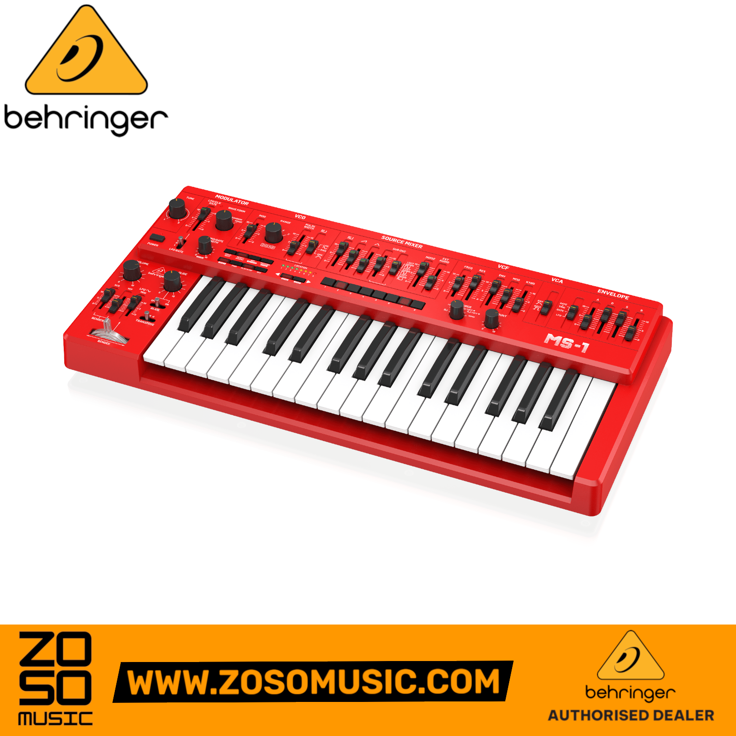 Zoso Music Behringer MS-1-RD red analog monophonic synthesizer with 32 semi-weighted keys and control sliders.