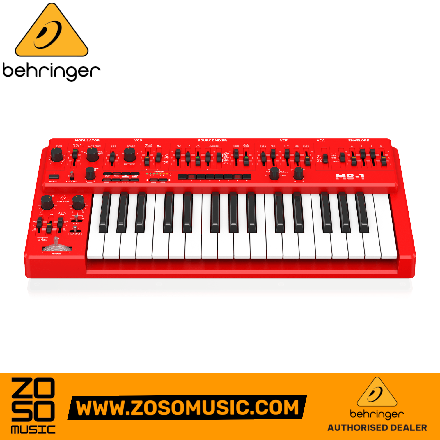 Zoso Music Behringer MS-1-RD red analog monophonic synthesizer with 32 keys and extensive sound-shaping controls.