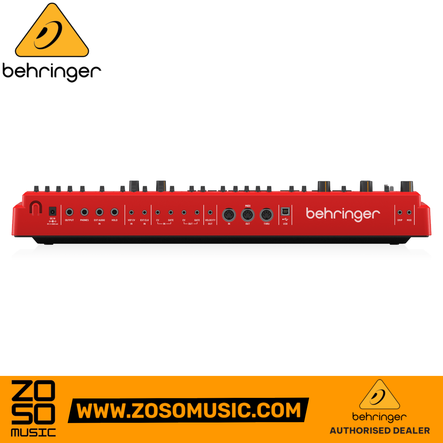 Rear panel of the red Behringer MS-1 analog synthesizer showing various audio, MIDI, and CV connectivity ports