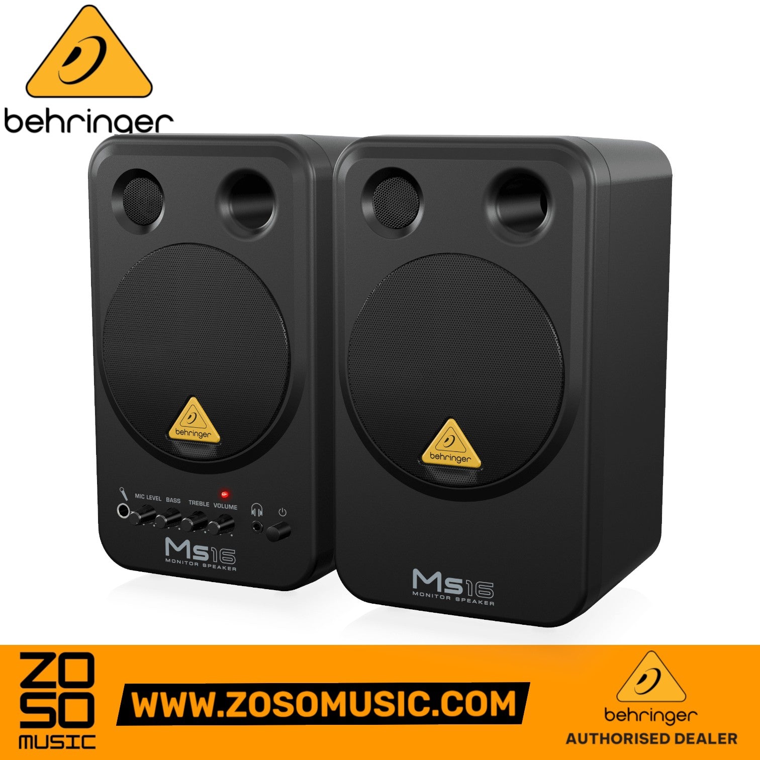 Zoso Music Behringer MS16 active studio monitor speakers in black with front controls and 4-inch woofers