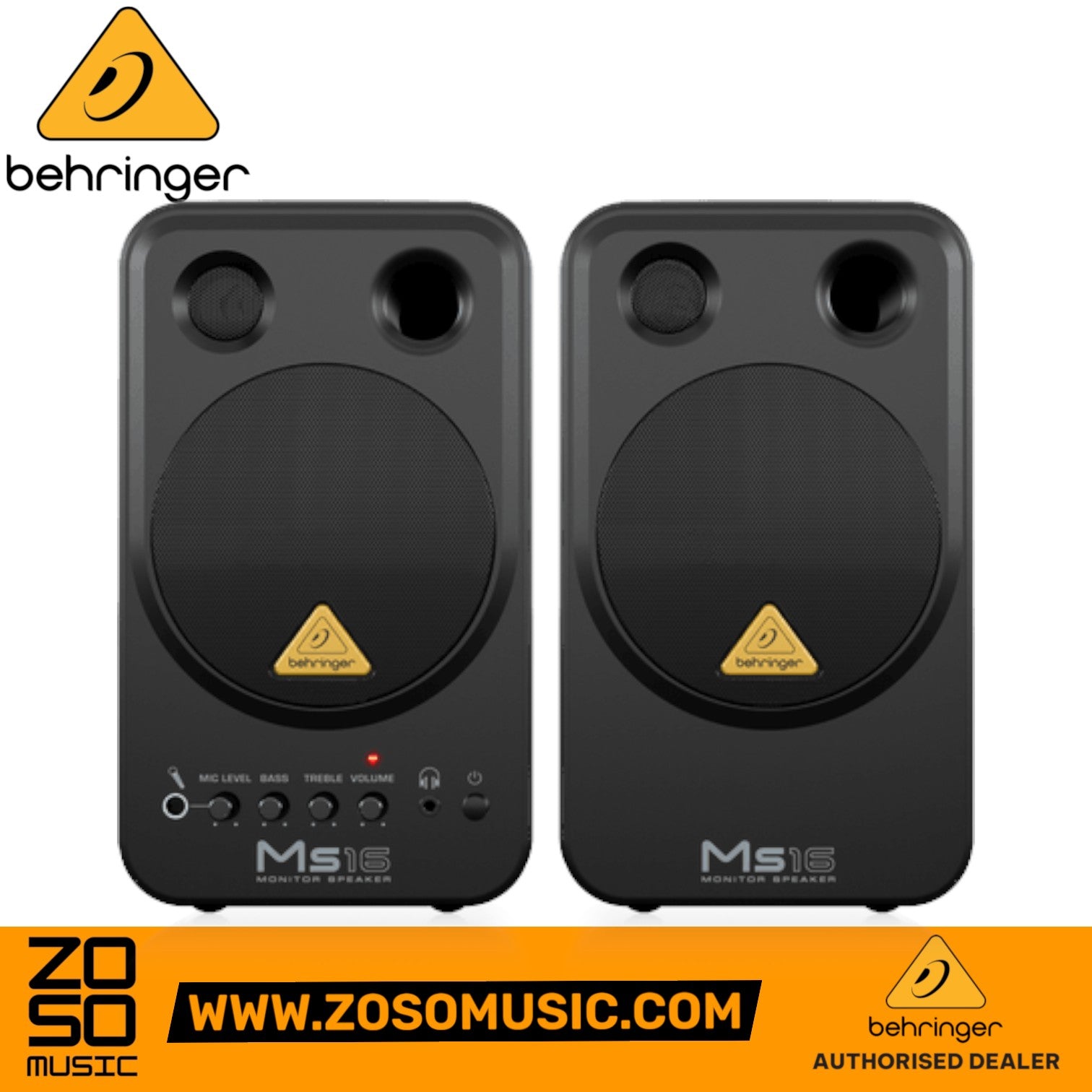 Zoso Music Behringer MS16 active personal monitor speakers with 4-inch woofers and front-mounted control knobs