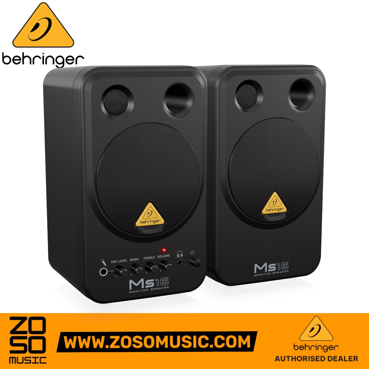 Zoso Music Behringer MS16 active studio monitor speakers in black with front-mounted volume and tone controls