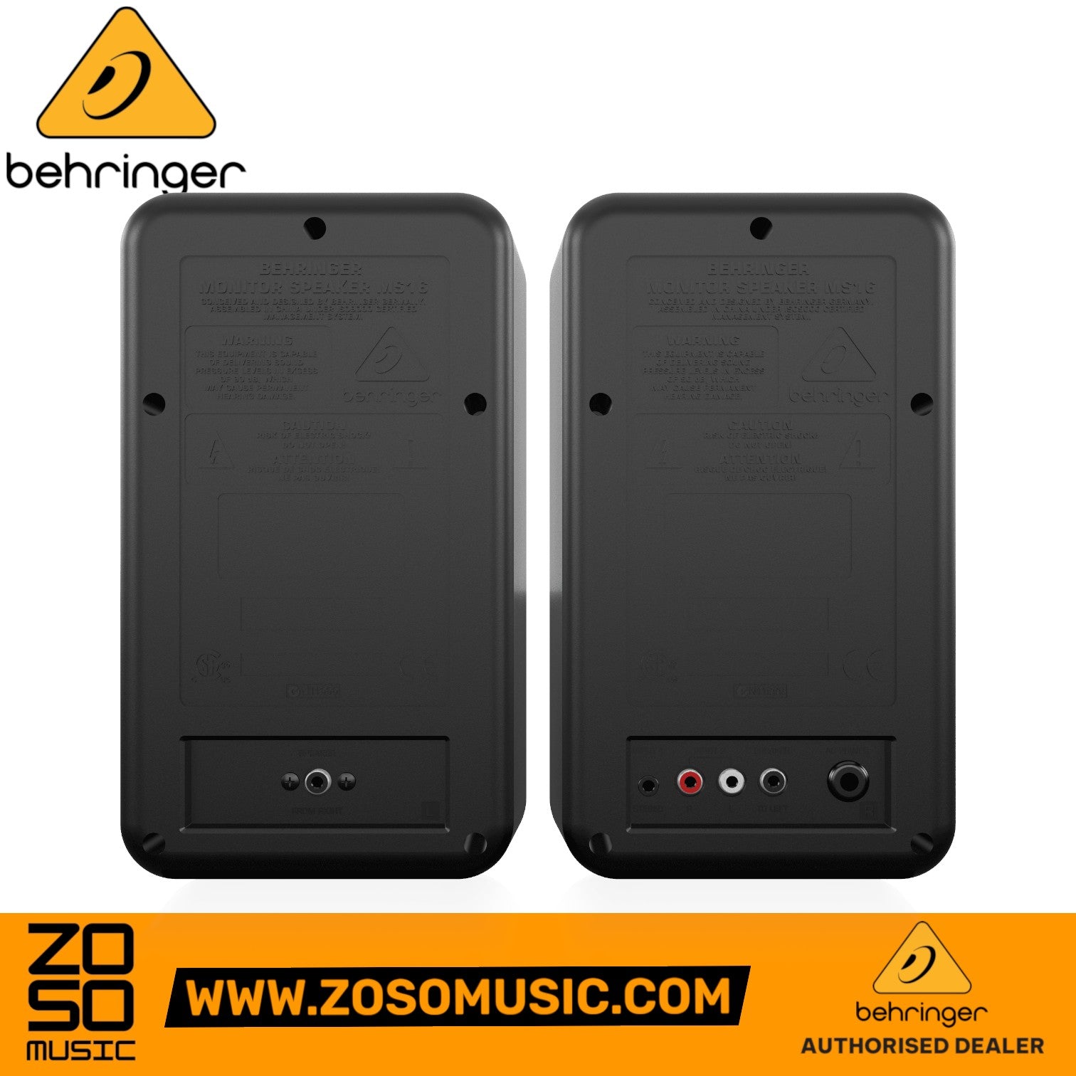 Rear view of Zoso Music Behringer MS16 active monitor speakers showing input ports and connectivity options