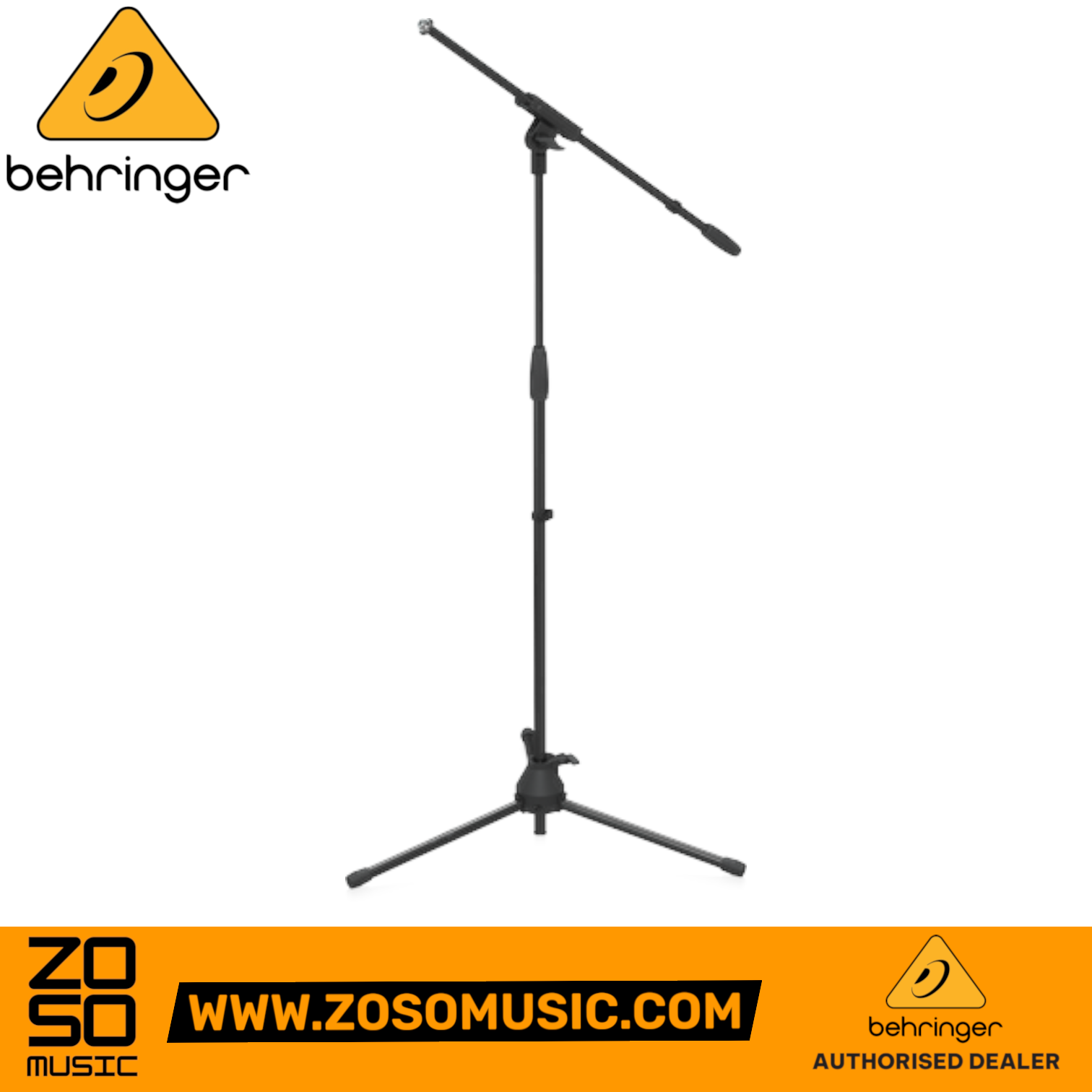 Zoso Music Behringer MS2050-L black steel tripod microphone stand with adjustable boom arm for studio and stage use