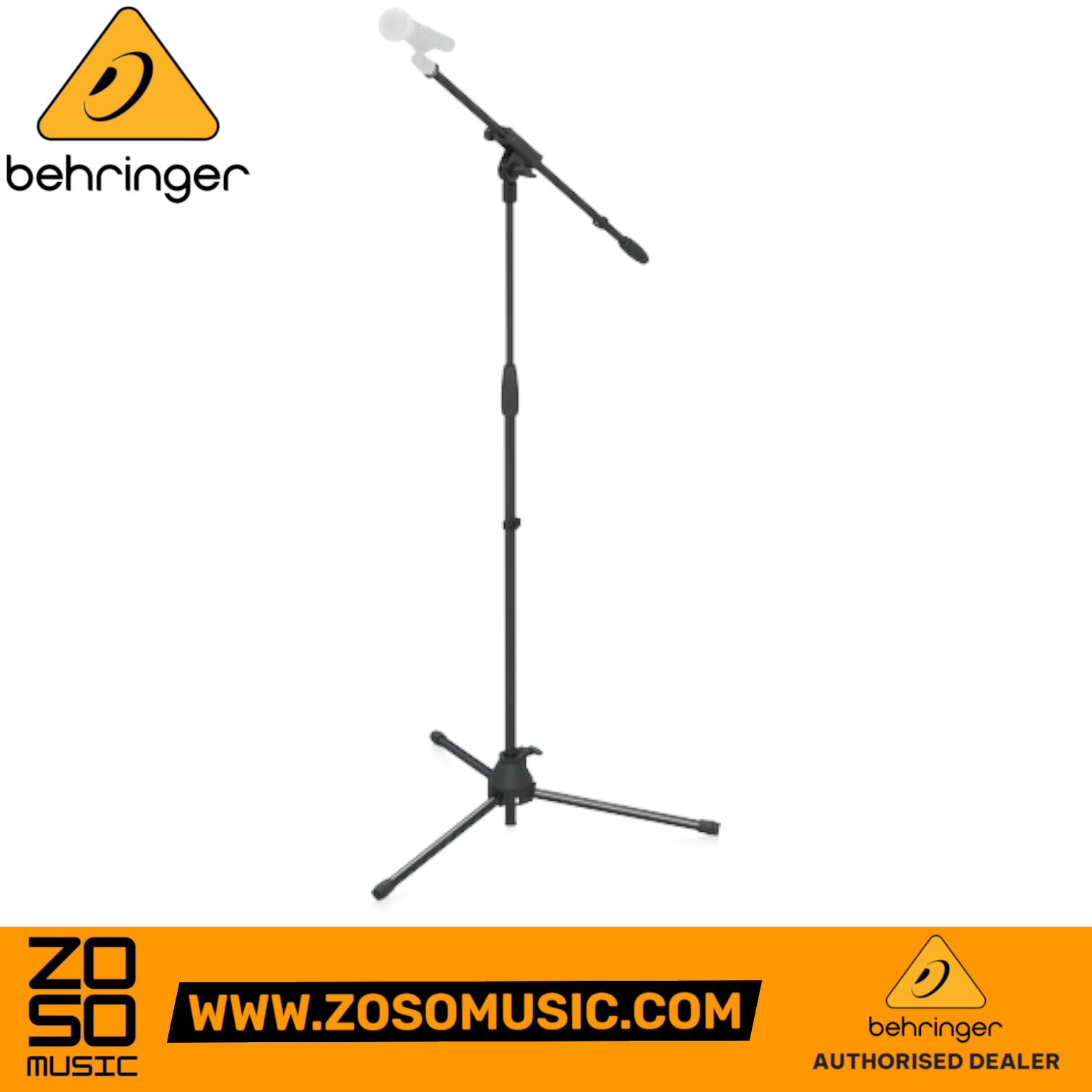 Zoso Music Behringer MS2050-L professional black steel tripod microphone stand with adjustable boom arm