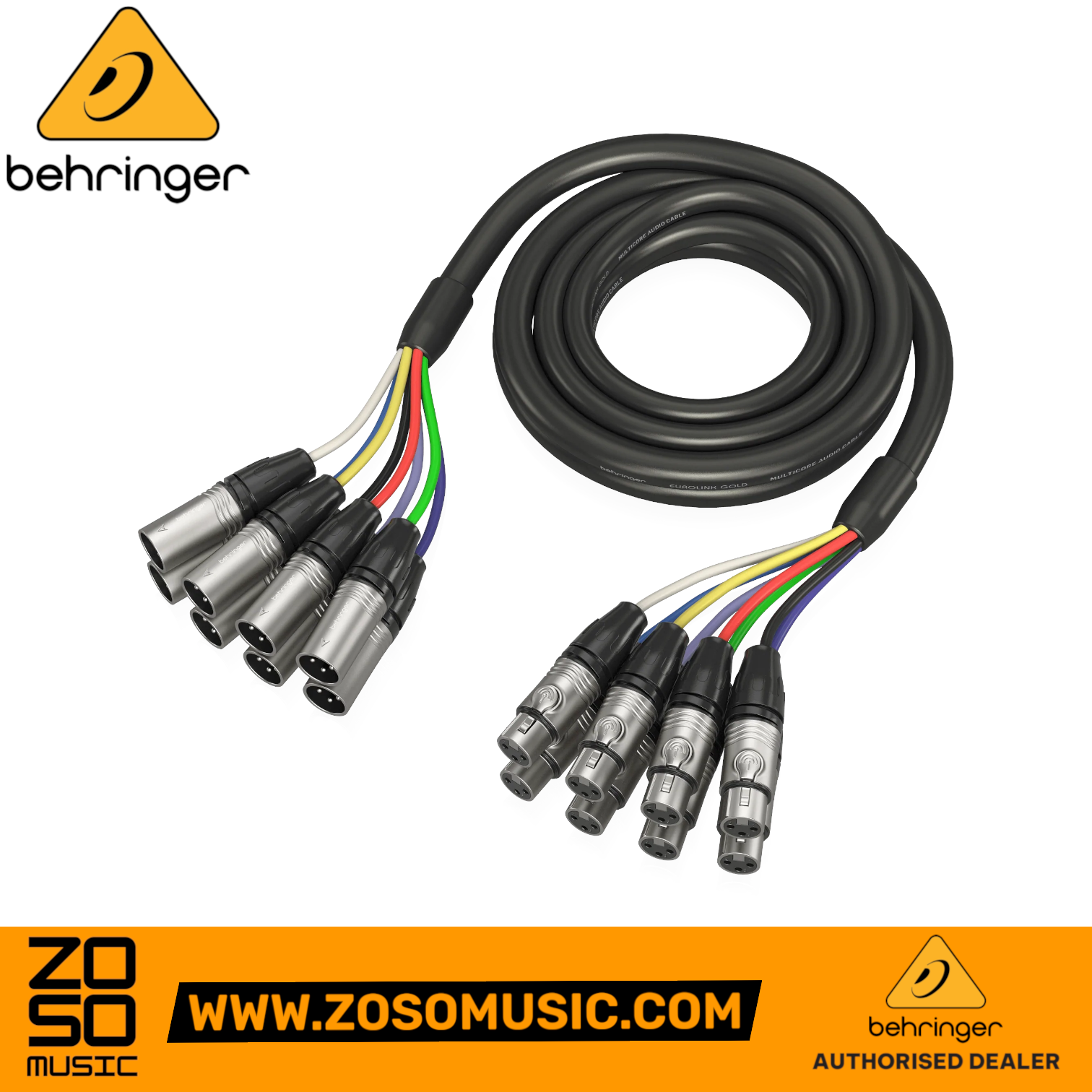 Zoso Music Behringer GMX-300 8-way multicore audio cable with XLR connectors and color-coded wiring for stage or studio.