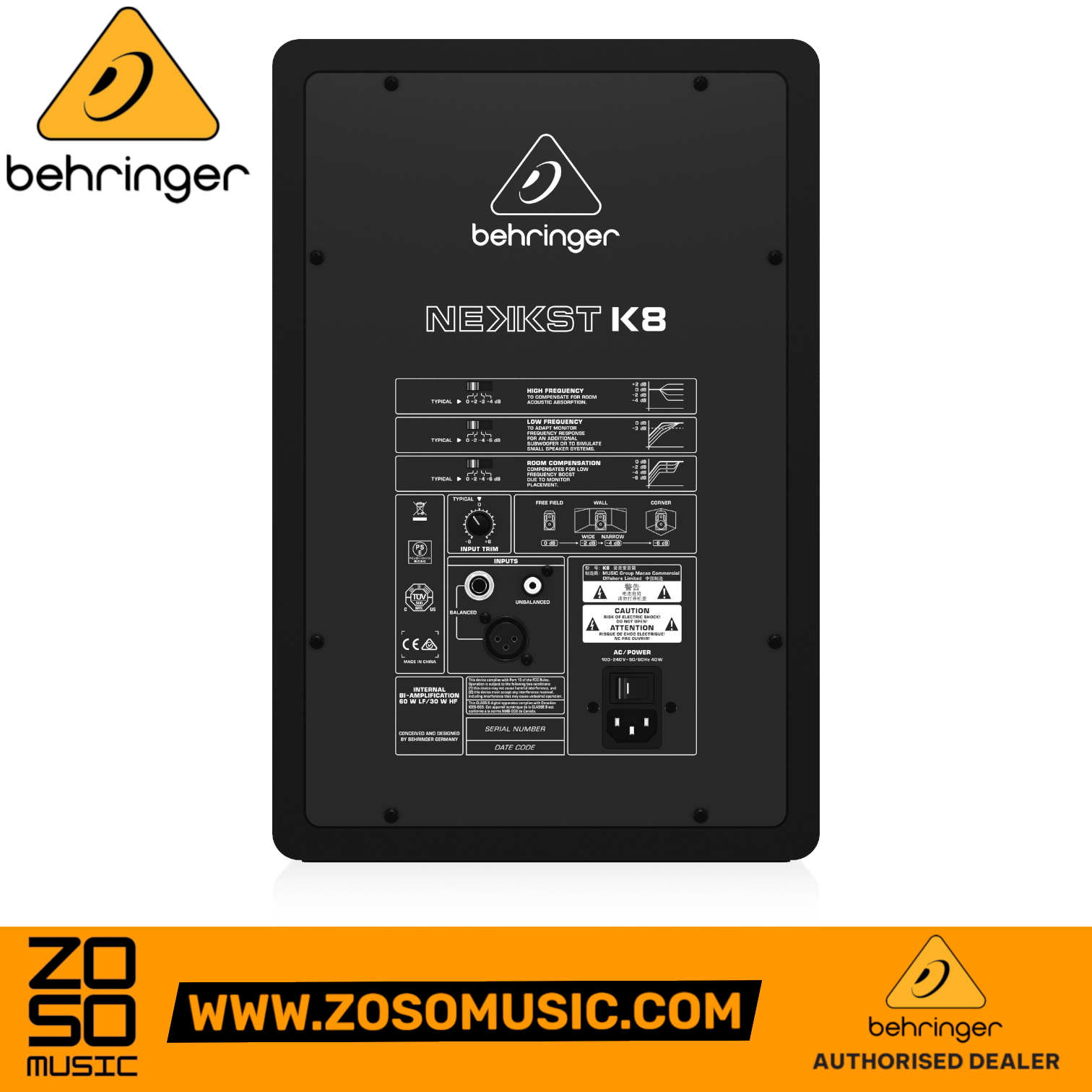 Rear panel of Zoso Music Behringer Nekkst K8 studio monitor showing EQ controls, input ports, and power connection.