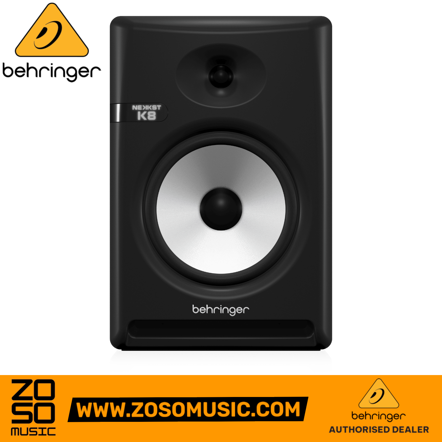 Zoso Music Behringer Nekkst K8 8-inch powered studio monitor with black housing and silver glass fiber speaker cone