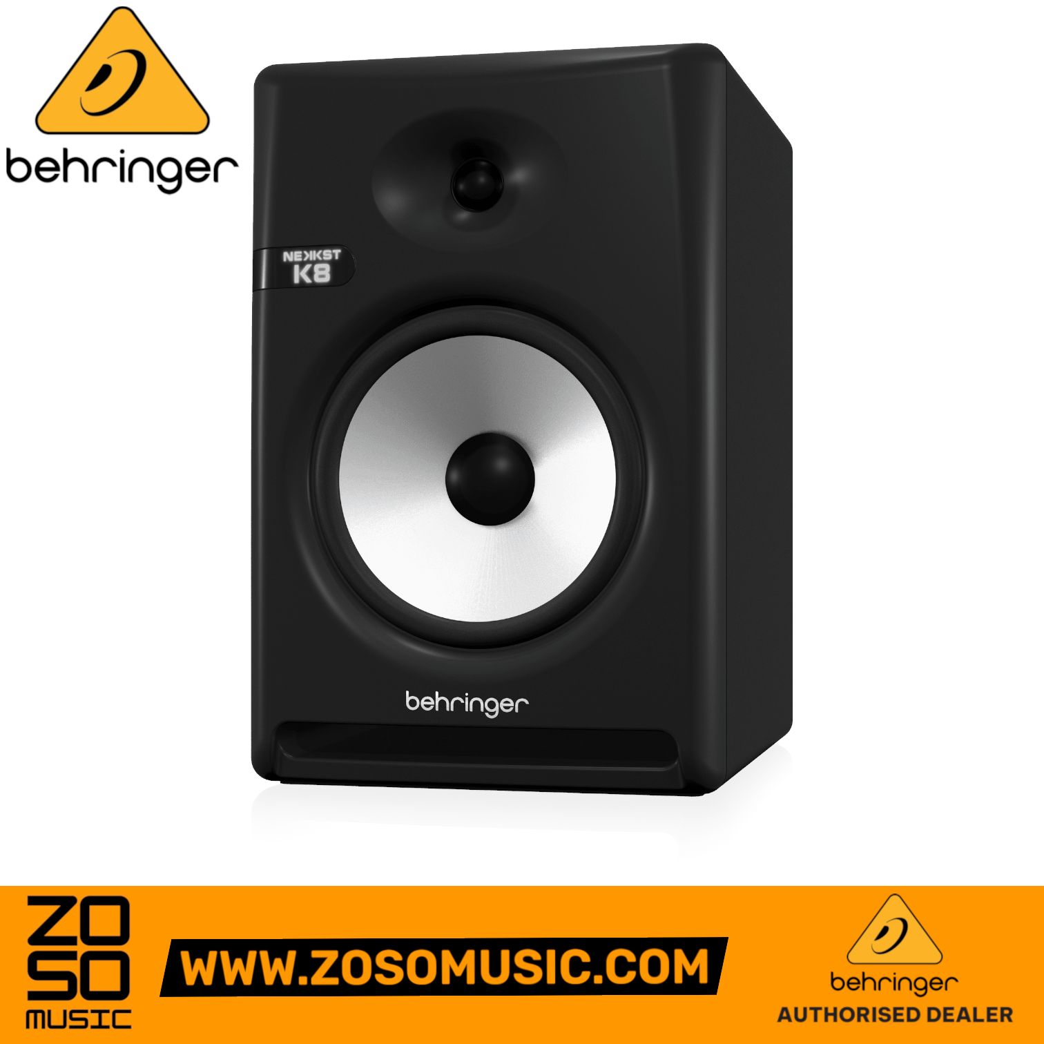 Zoso Music Behringer Nekkst K8 8-inch powered studio monitor with black housing and silver glass fiber speaker cone