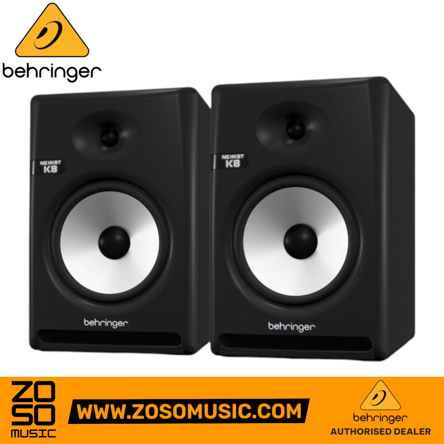 Zoso Music Behringer Nekkst K8 8-inch powered studio monitor pair with black cabinets and glass fiber speaker cones
