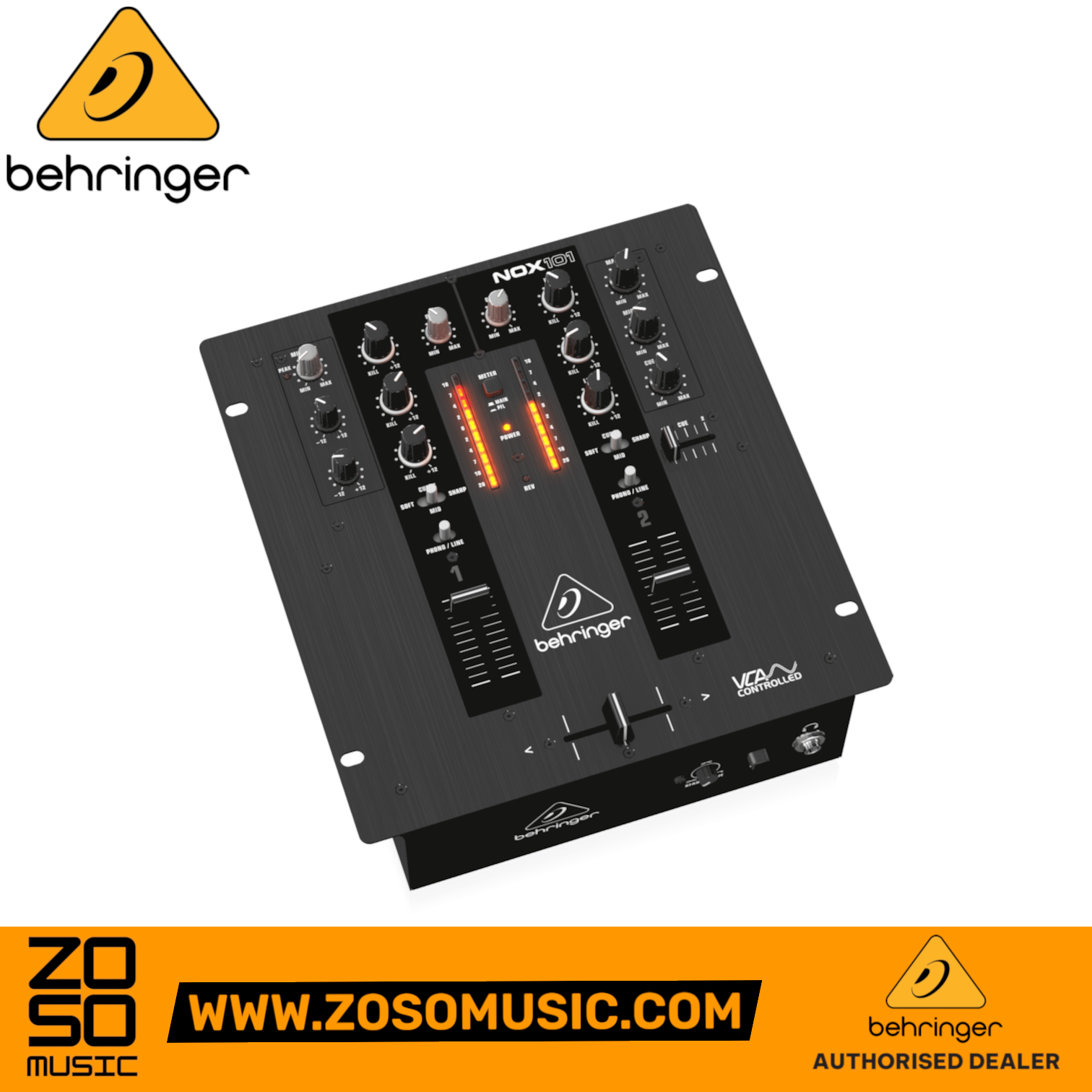 Zoso Music Behringer Pro Mixer NOX101 2-channel DJ mixer with VCA-controlled faders and 3-band EQ with kill filters.