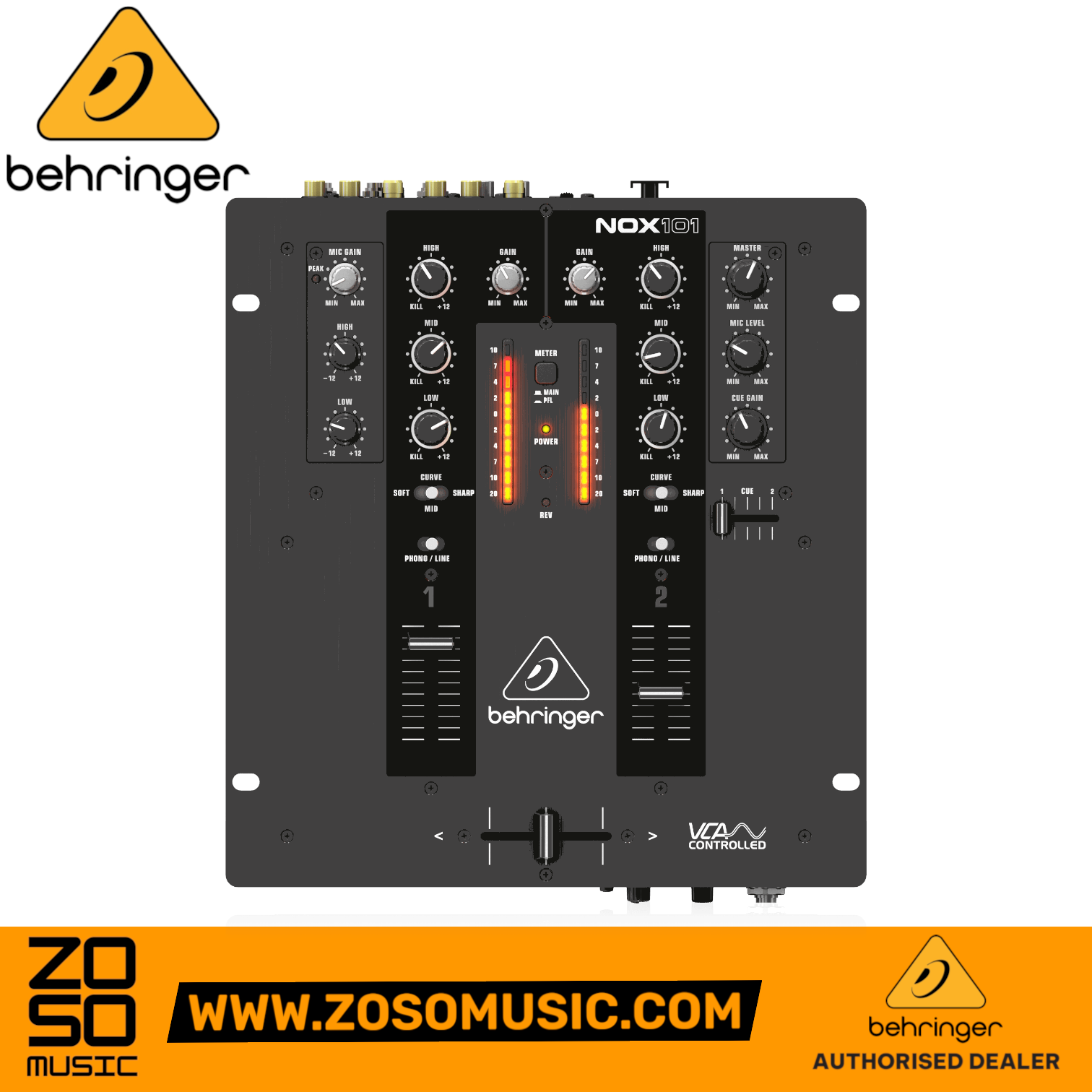 Zoso Music Behringer Pro Mixer NOX101 2-channel DJ mixer with VCA-controlled faders and 3-band EQ kill filters.
