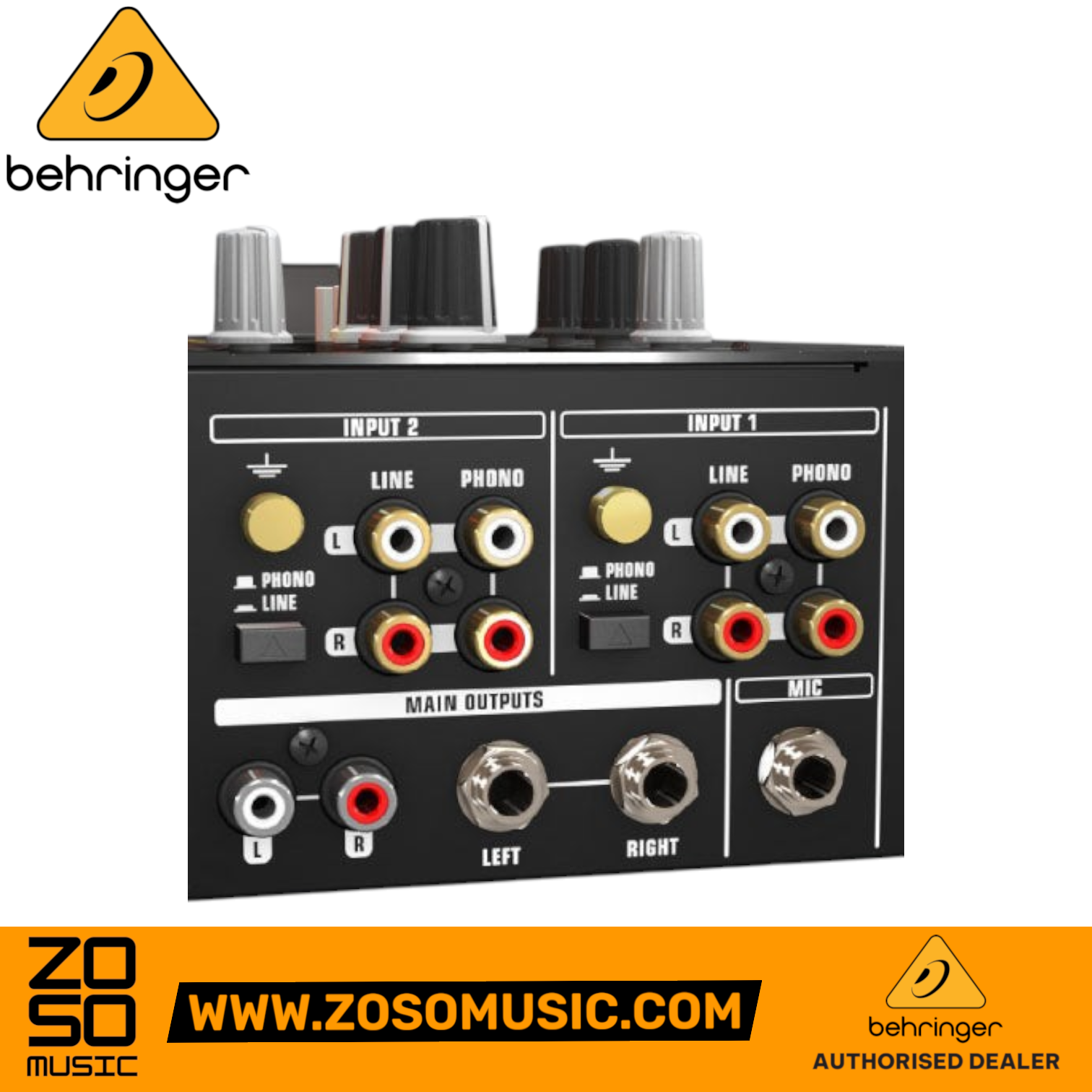 Zoso Music Behringer Pro Mixer NOX101 rear panel showing gold-plated RCA inputs and TRS outputs for DJ connectivity