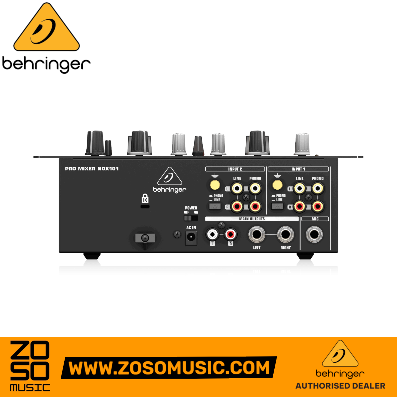 Rear panel of Zoso Music Behringer Pro Mixer NOX101 showing RCA inputs, TRS outputs, and mic connection ports.