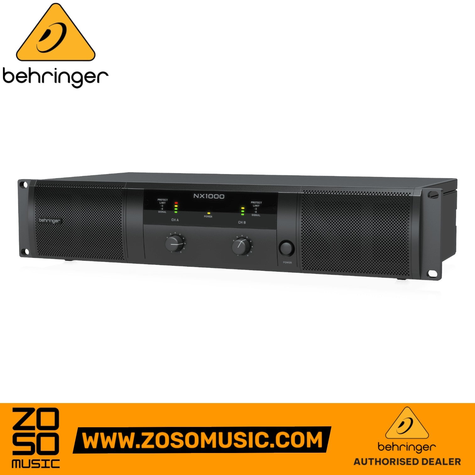 Zoso Music Behringer NX1000 2-channel power amplifier with front panel gain controls and LED metering