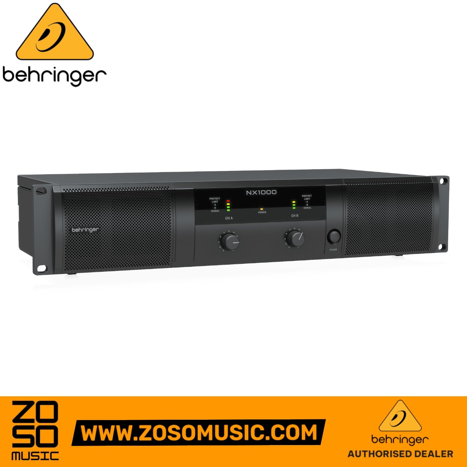 Zoso Music Behringer NX1000 2-channel power amplifier with black front panel, gain knobs, and LED metering