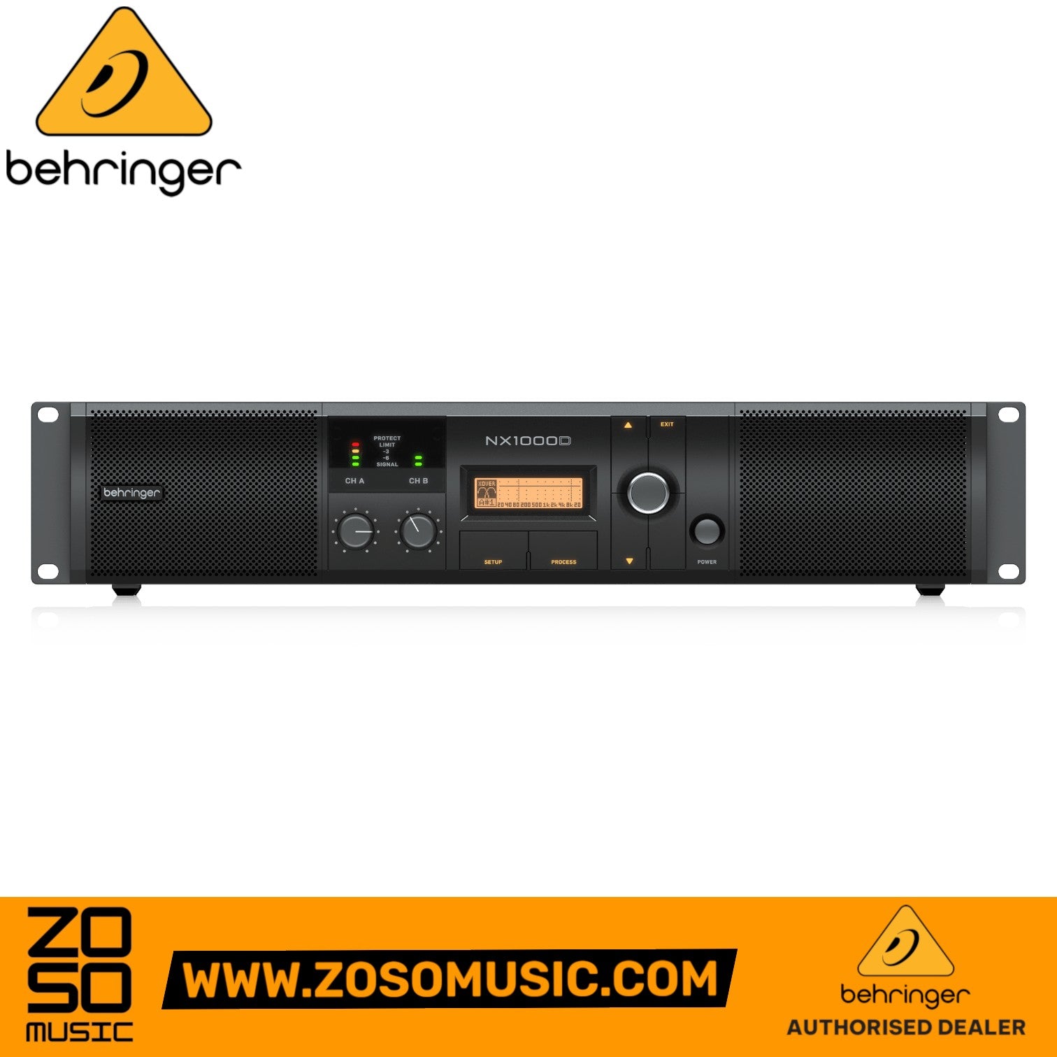 Zoso Music Behringer NX1000D power amplifier with DSP, featuring a black 2U rack-mount design and LED metering.