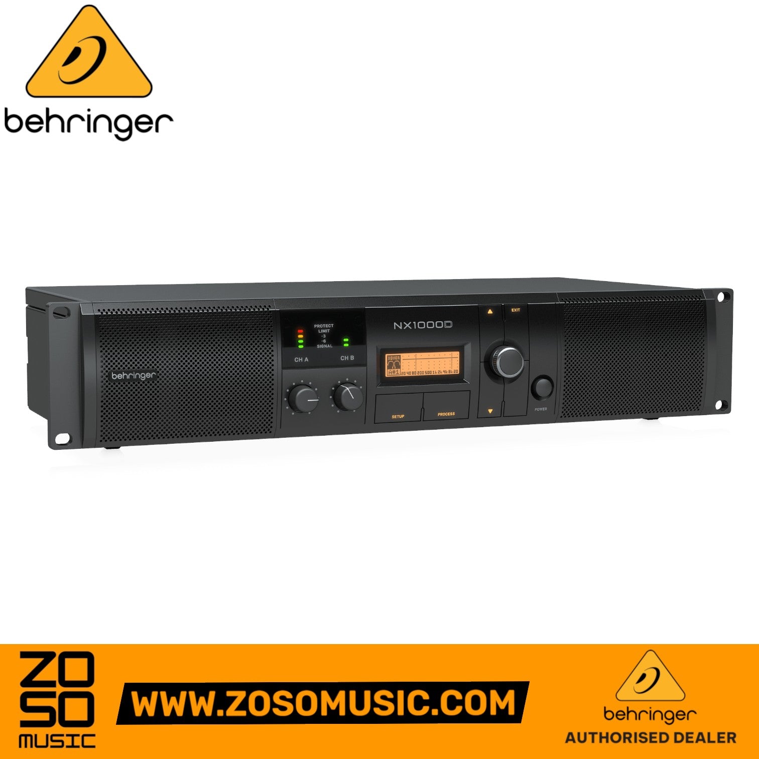 Zoso Music Behringer NX1000D power amplifier with DSP, featuring a black rack-mount chassis and front LED display.
