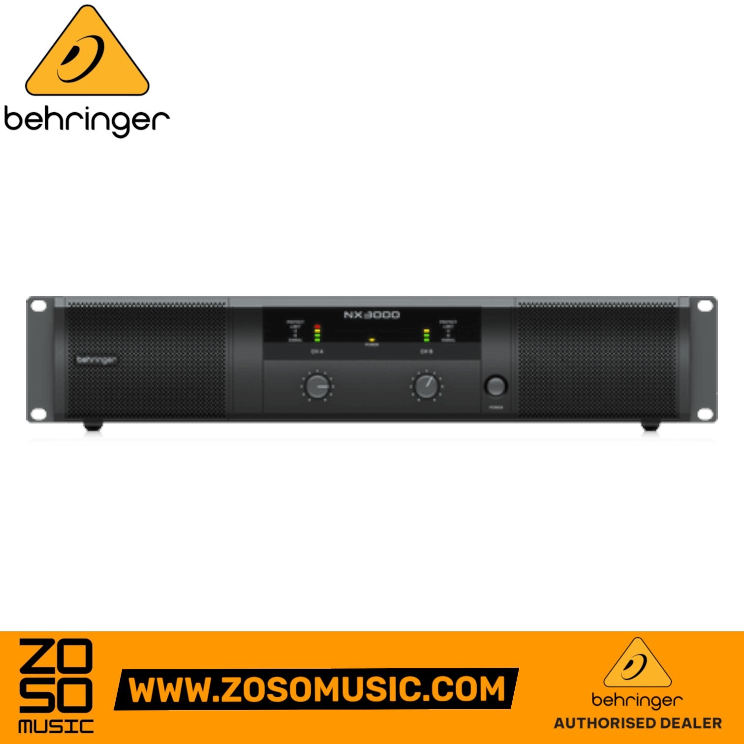 Zoso Music Behringer NX3000 2-channel power amplifier with front panel gain controls and LED metering