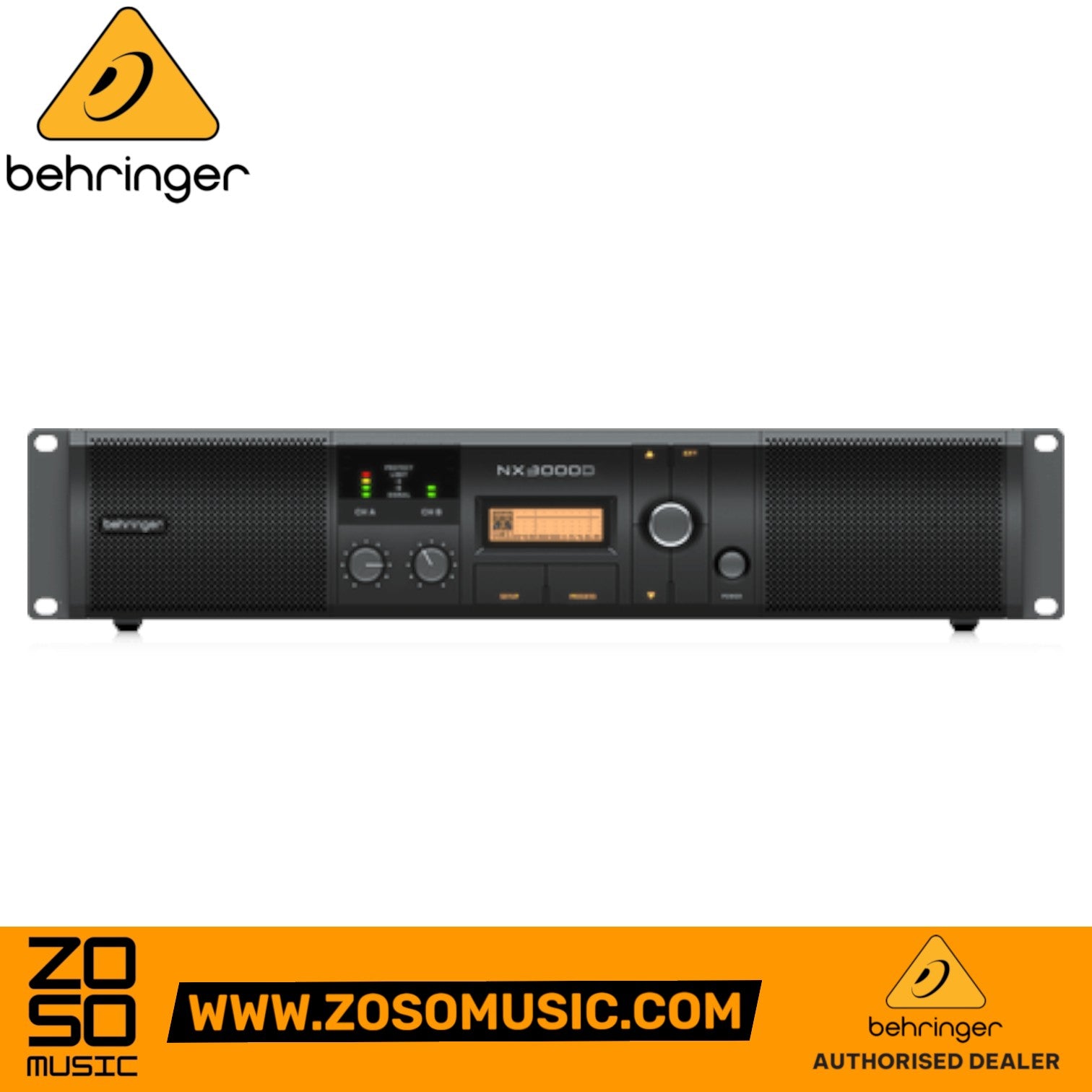 Zoso Music Behringer NX3000D 2-channel power amplifier with front-panel DSP controls and LED metering