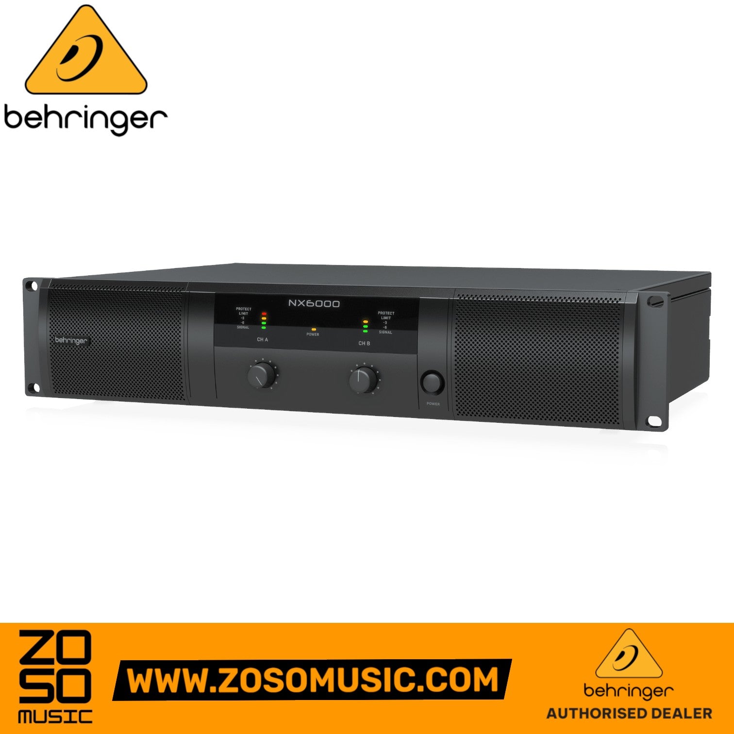 Zoso Music Behringer NX6000 2-channel Class D power amplifier with LED metering and gain controls in black finish.