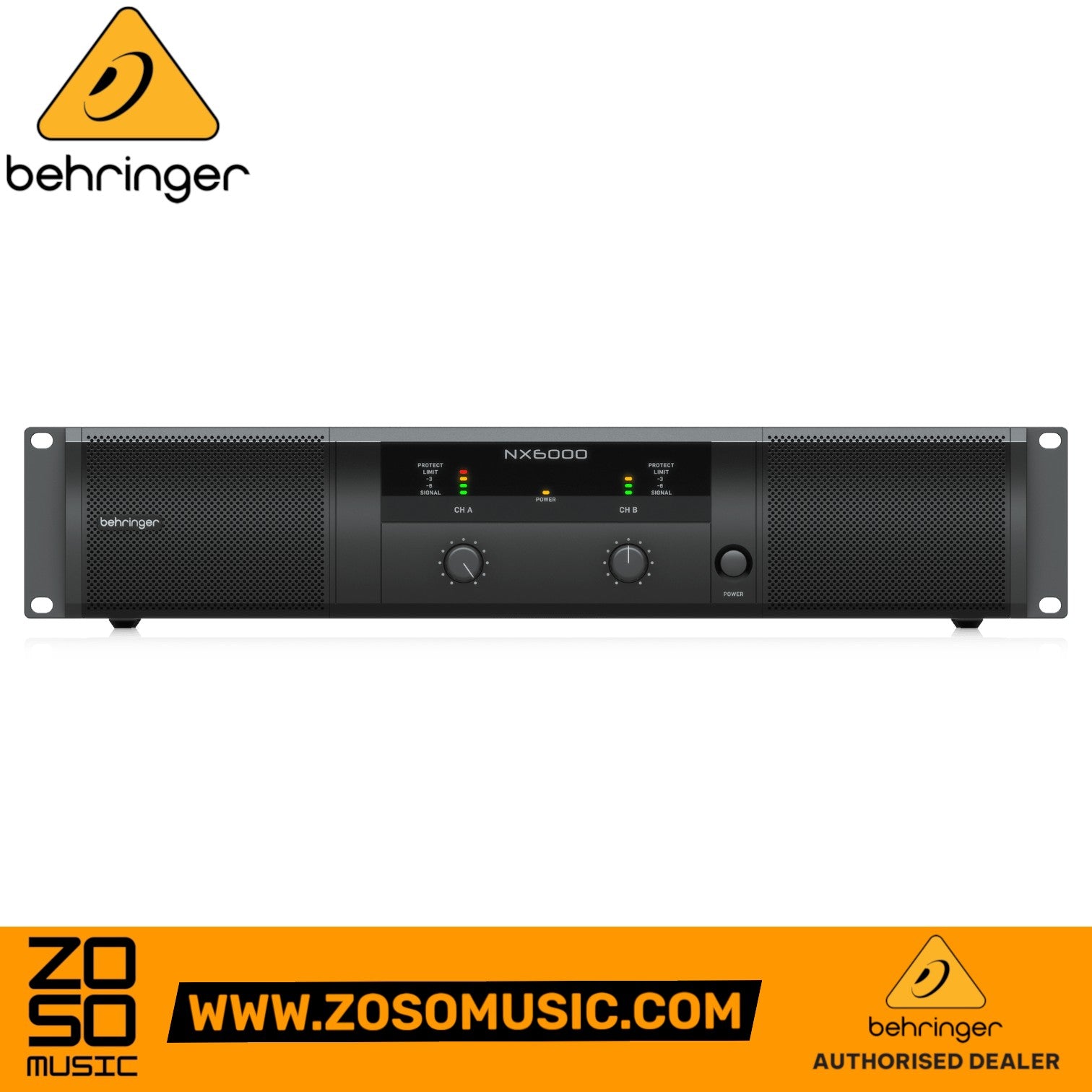 Zoso Music Behringer NX6000 2-channel power amplifier with black front panel, gain knobs, and LED signal metering.