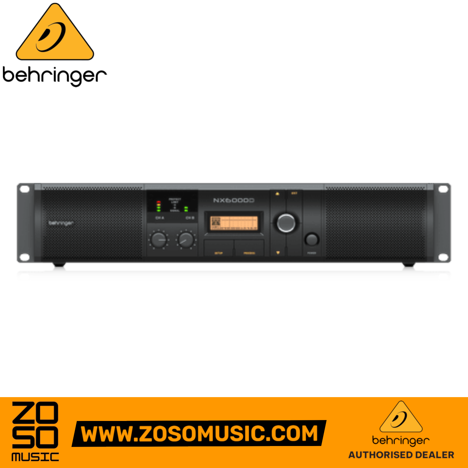 Behringer NX6000D power amplifier with DSP, featuring a black 2U rack-mount design and LED metering from Zoso Music
