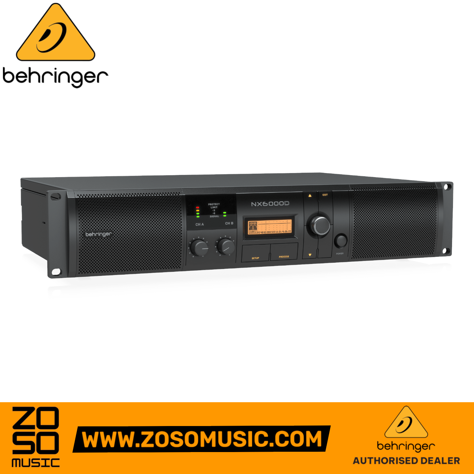 Zoso Music Behringer NX6000D 2-channel power amplifier with DSP, featuring front panel controls and LED metering.