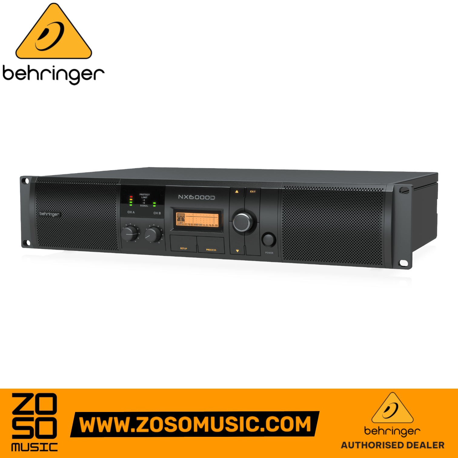 Zoso Music Behringer NX6000D power amplifier with DSP, featuring a black 2U rack-mount design and LED metering.