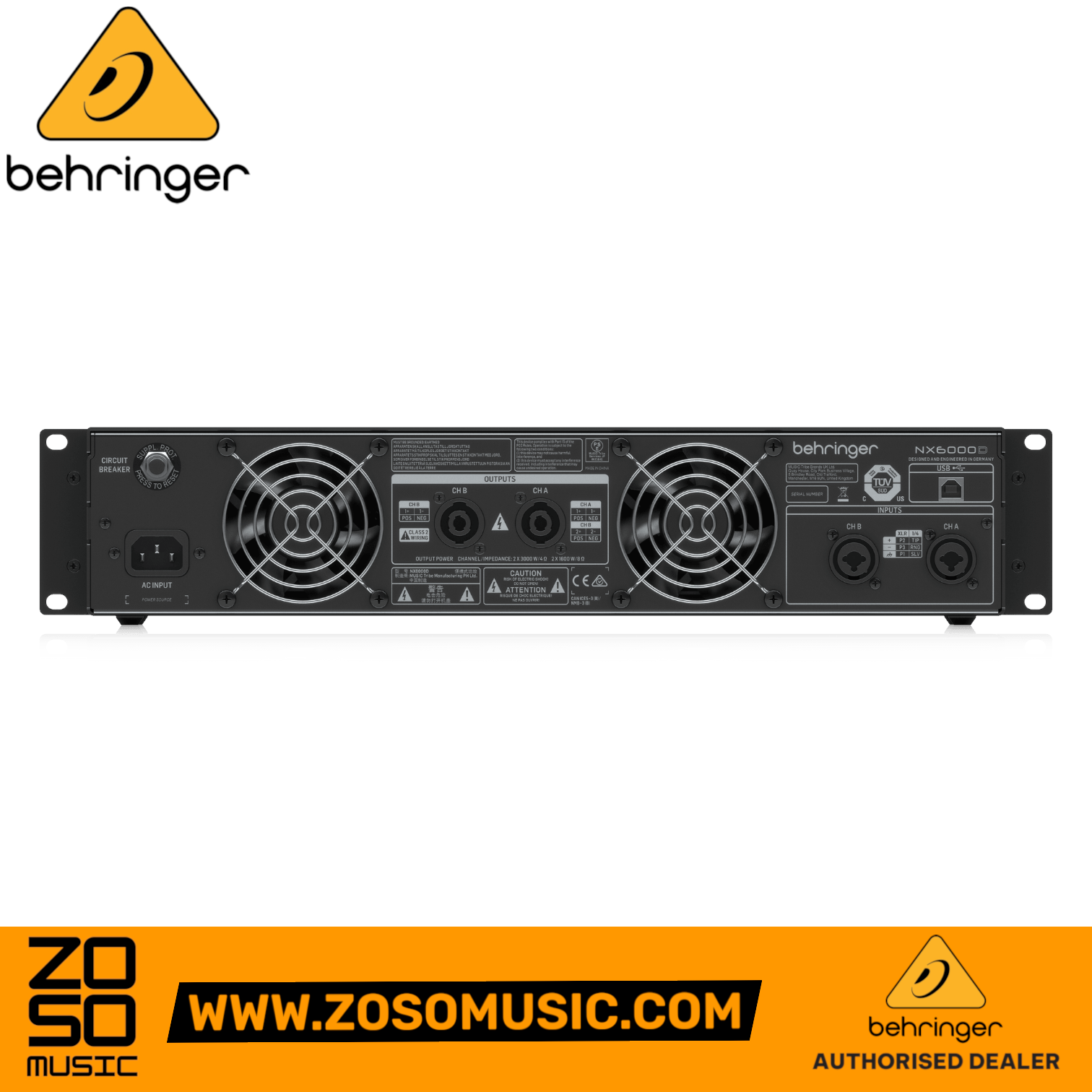 Rear panel of the Zoso Music Behringer NX6000D power amplifier showing XLR inputs, SpeakON outputs, and cooling fans.