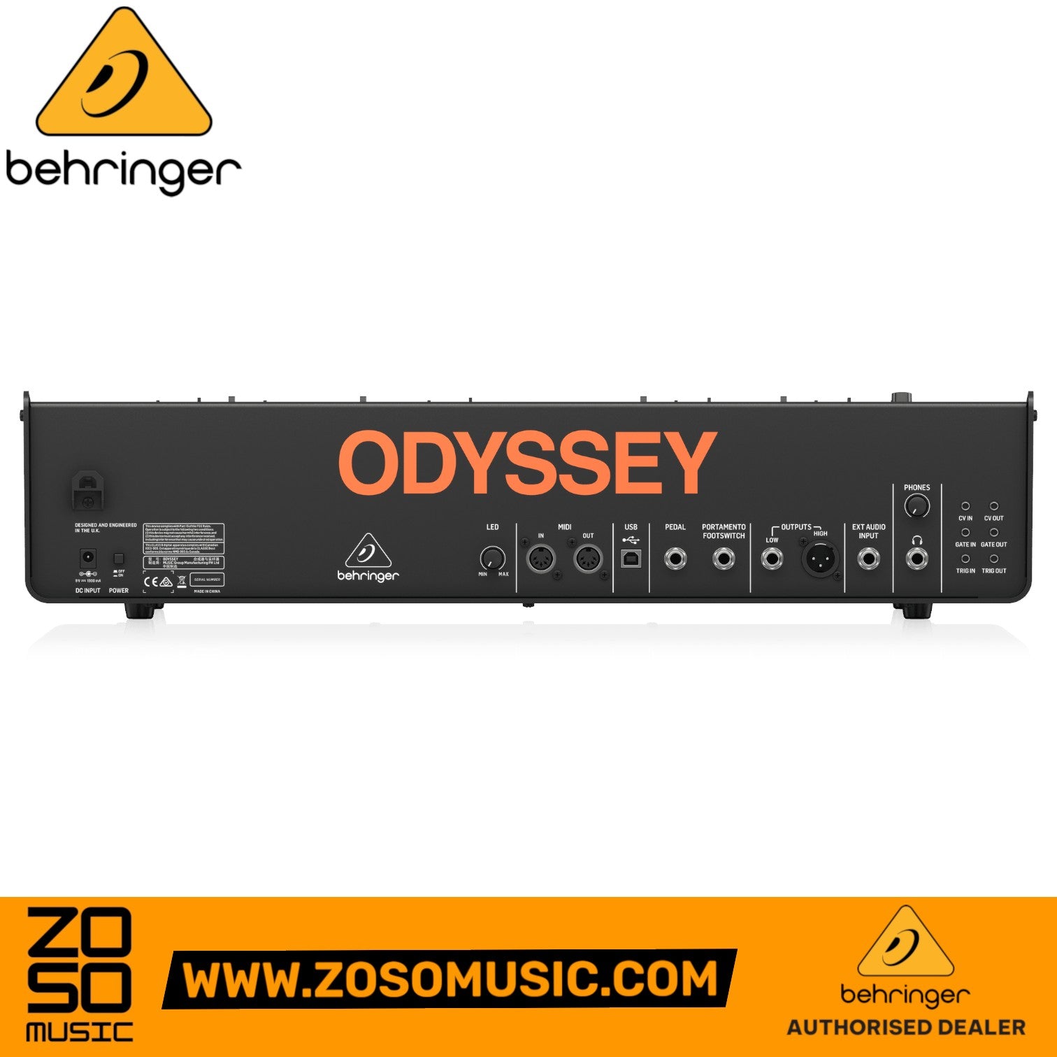Zoso Music Behringer Odyssey analog synthesizer rear panel showing MIDI, USB, and audio connectivity ports.