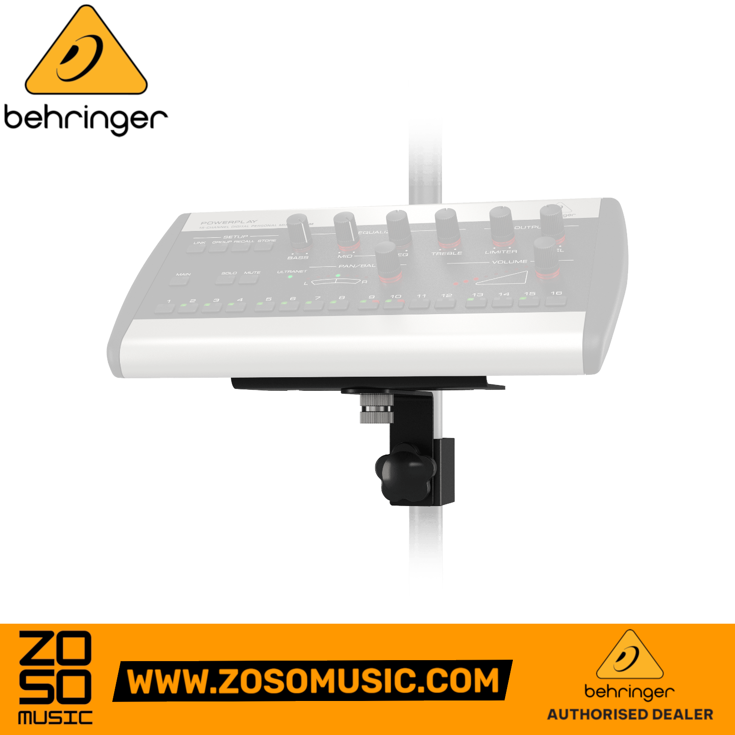 Zoso Music Behringer P16-MB mounting bracket attached to a stand holding a P16-M personal mixer