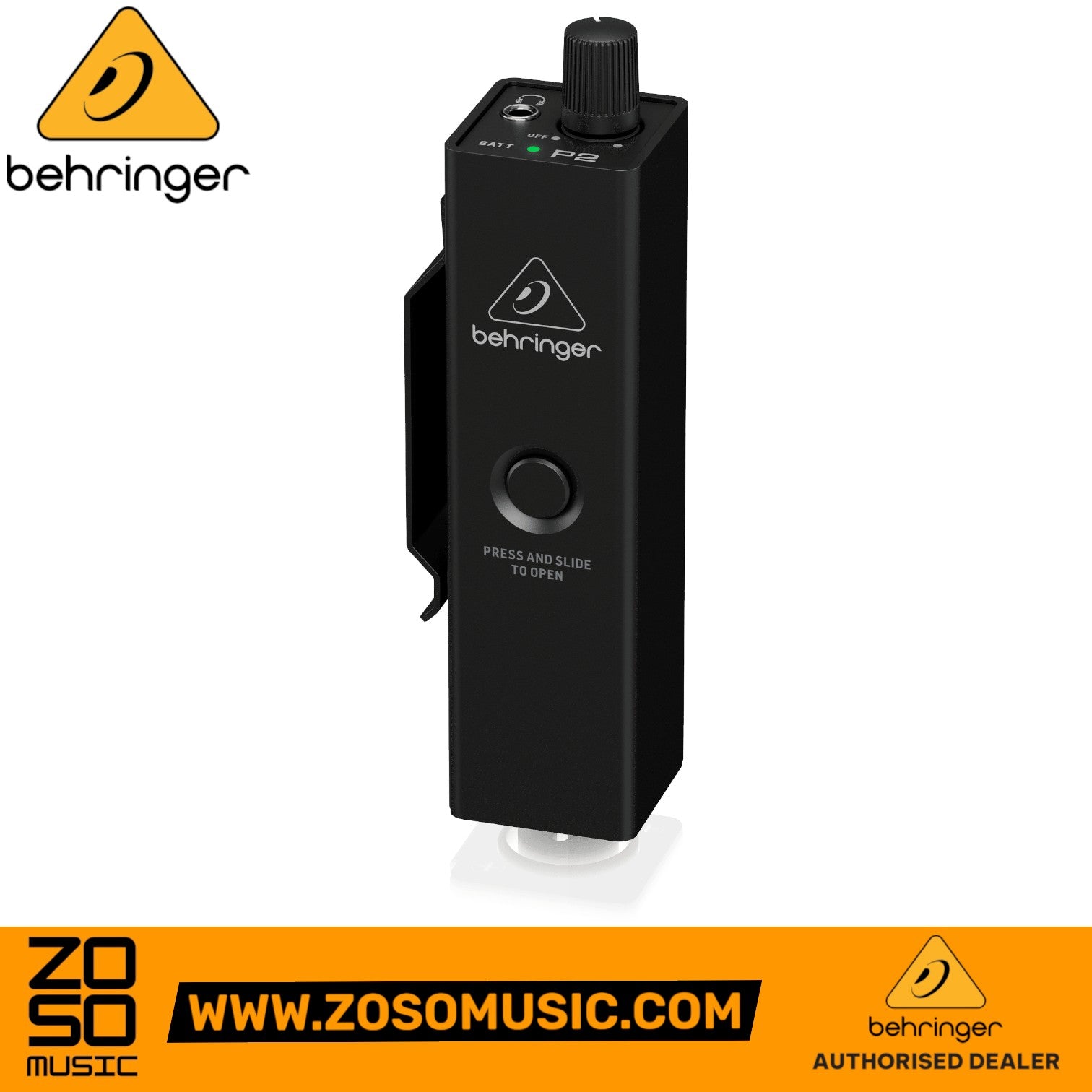Zoso Music Behringer P2 ultra-compact black metal personal in-ear monitor amplifier with belt clip and volume knob