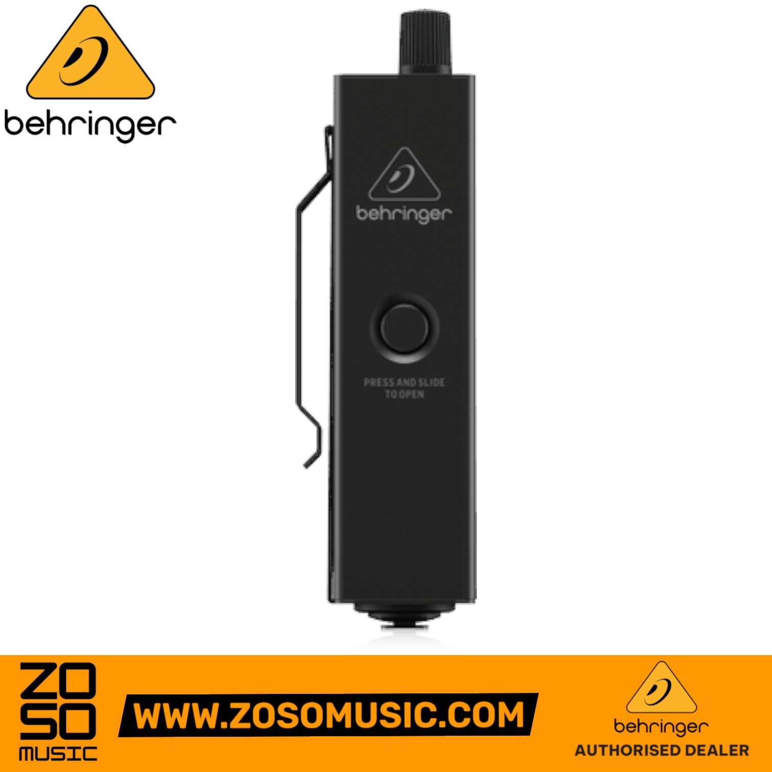 Zoso Music Behringer P2 ultra-compact personal in-ear monitor amplifier with rugged black metal housing and belt clip