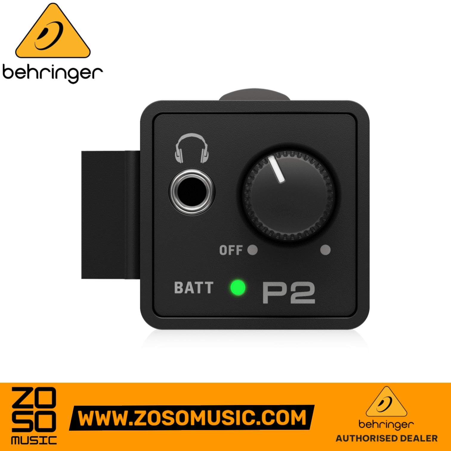 Zoso Music Behringer P2 personal in-ear monitor amplifier featuring a black metal housing and volume control dial.