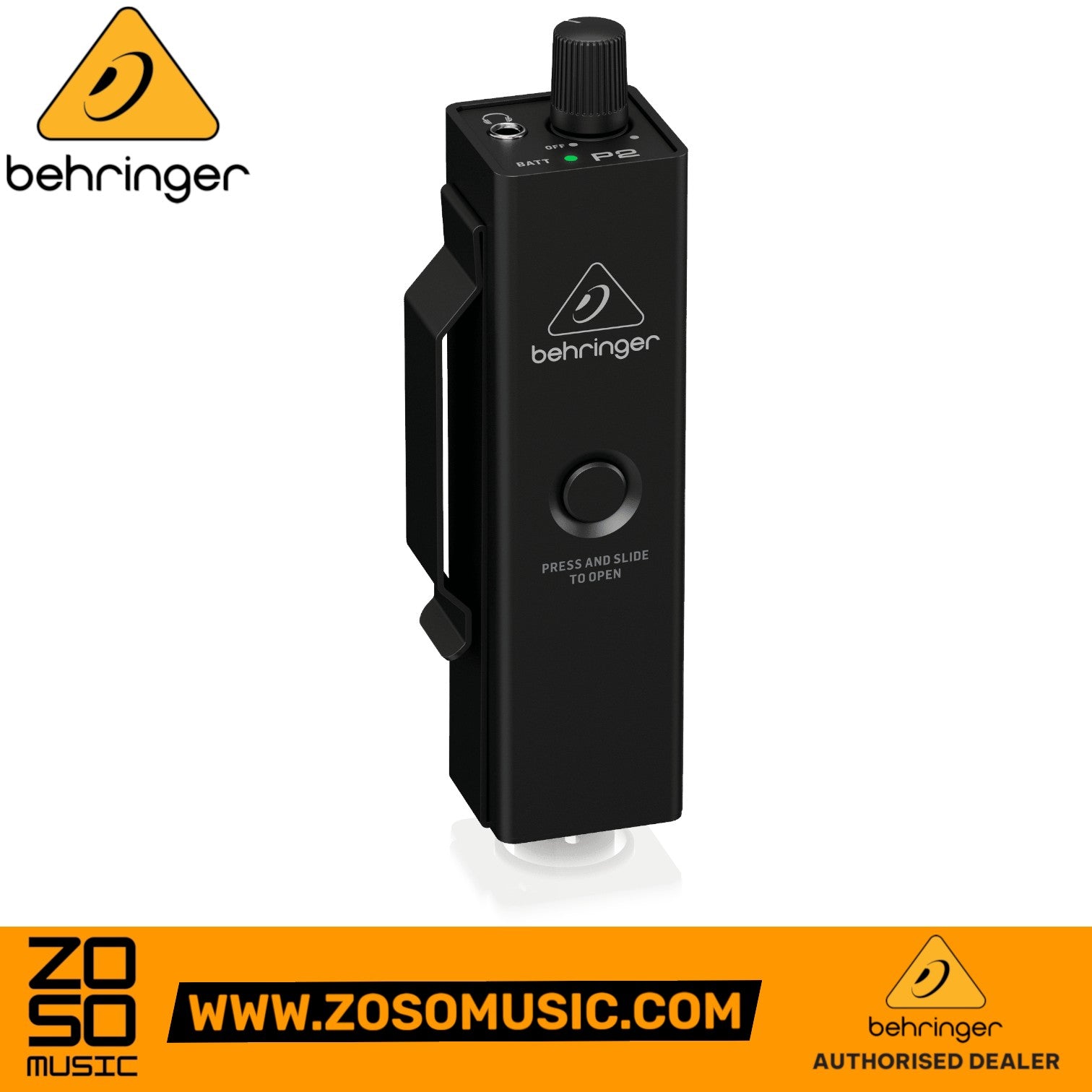 Zoso Music Behringer P2 personal in-ear monitor amplifier in a rugged black metal housing with a belt clip