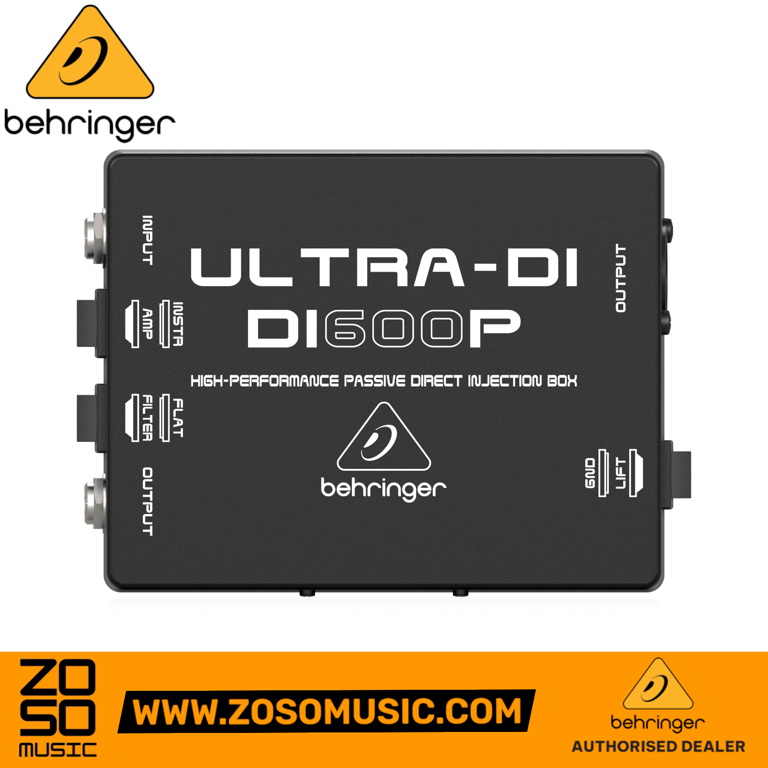 Zoso Music Behringer Ultra-DI DI600P passive direct injection box with instrument, amp, and ground lift switches.