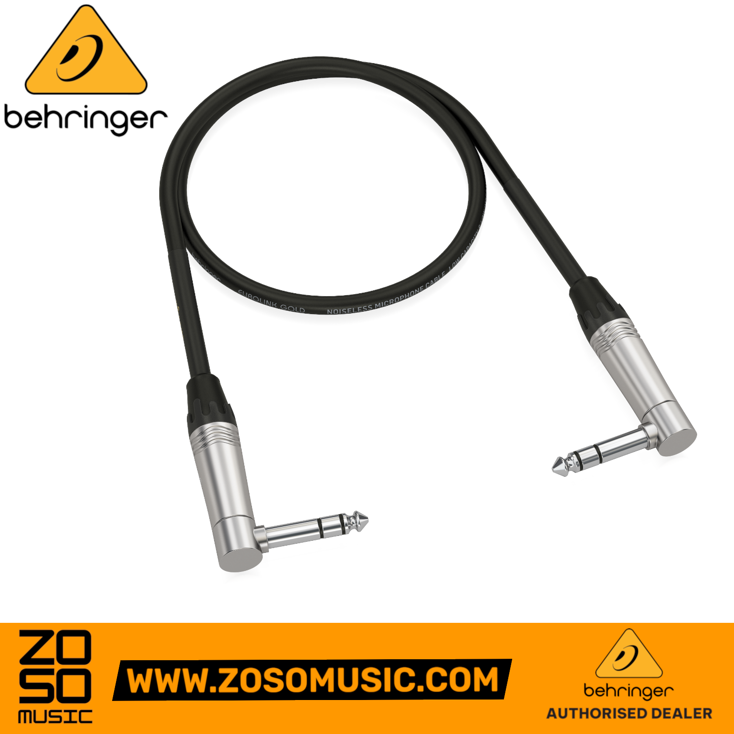 Zoso Music Behringer GIC-60 4SR instrument patch cable with black jacket and 1/4-inch right-angled TRS connectors