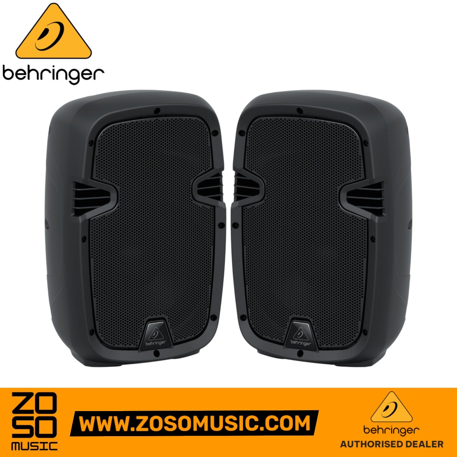 Zoso Music pair of black Behringer PK108 passive 8-inch PA speakers with front grilles and branding