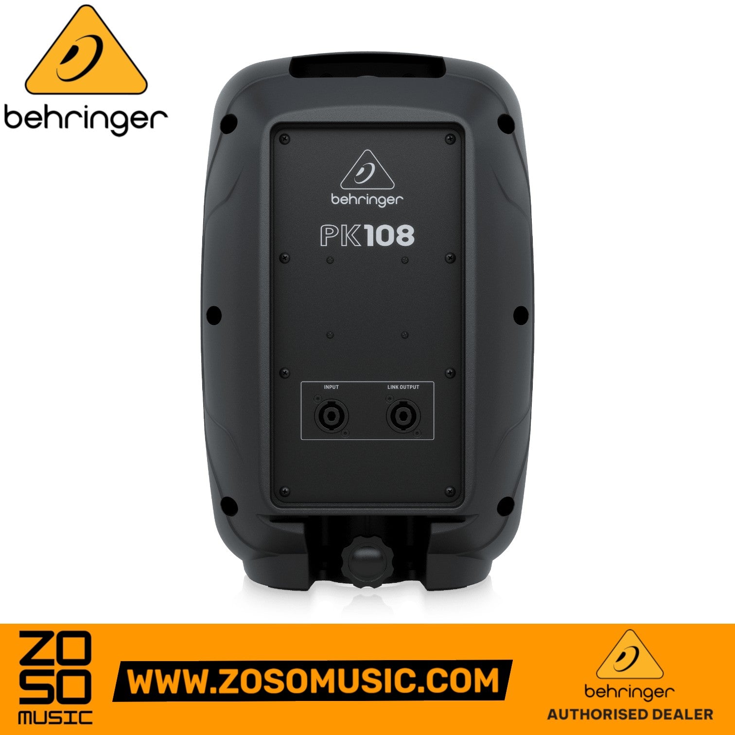 Zoso Music Behringer PK108 passive PA speaker back panel showing input and link output speakON connections.