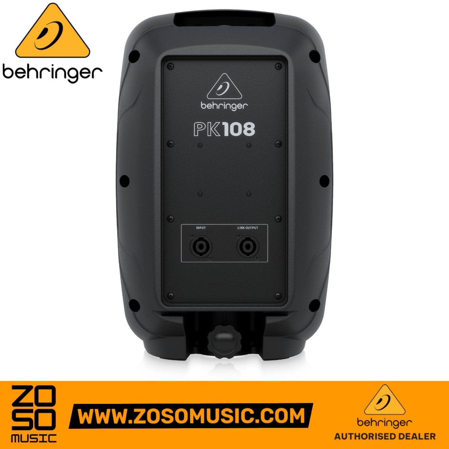 Rear view of the black Behringer PK108 passive 350-Watt 8-inch PA speaker showing input and link output ports