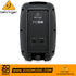 Rear view of the black Behringer PK108 passive 350-Watt 8-inch PA speaker showing input and link output ports