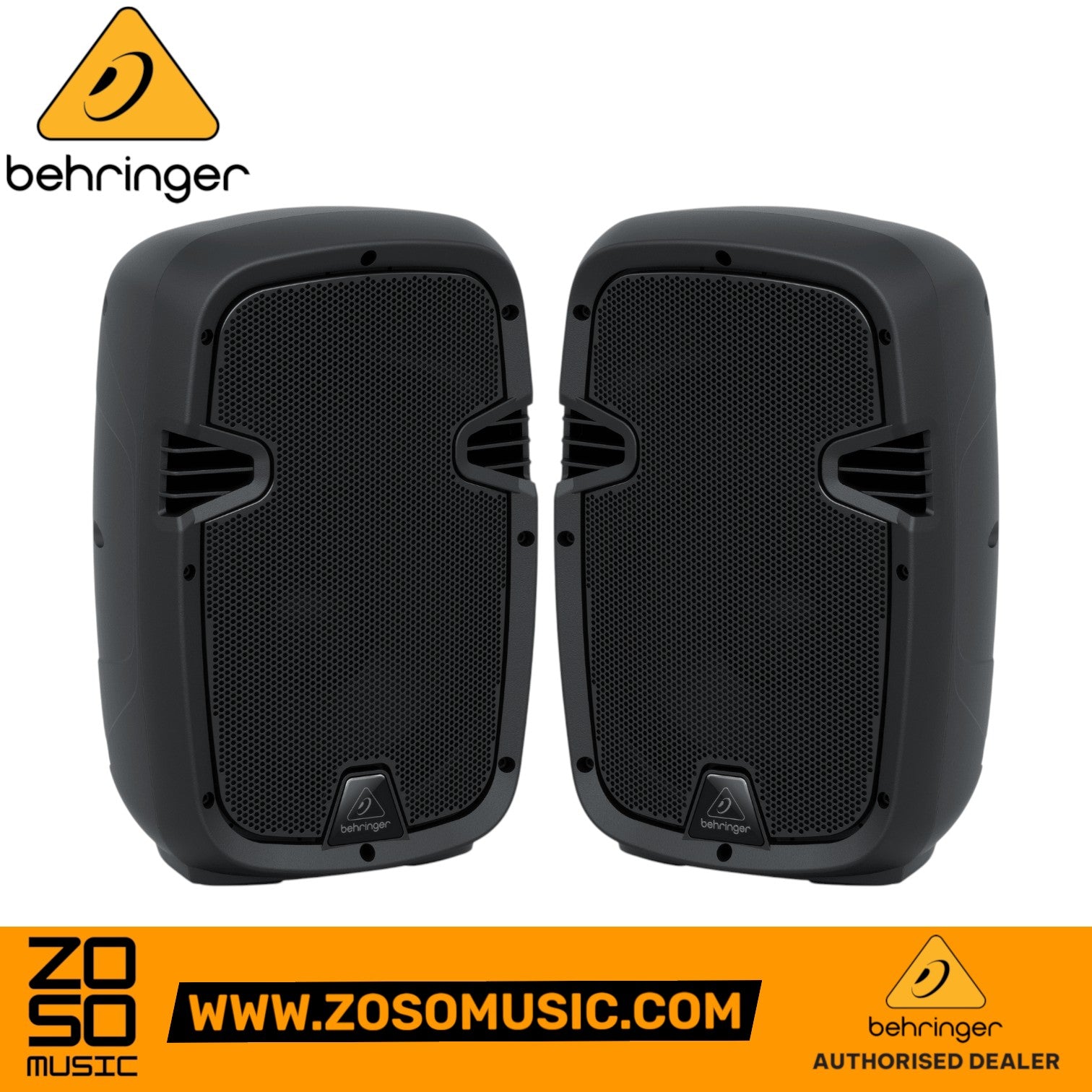 Zoso Music Behringer PK108A pair of 250W 8-inch active PA speakers with Bluetooth and black rugged enclosures.