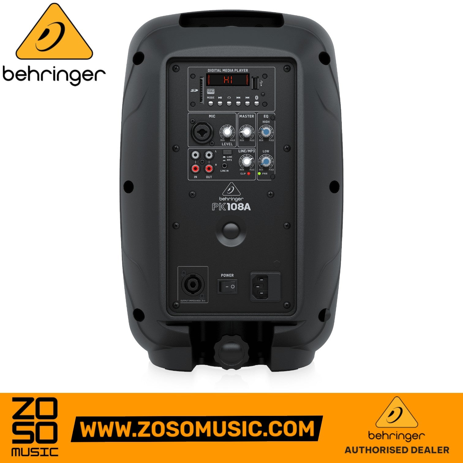 Zoso Music Behringer PK108A active PA speaker rear control panel with media player, mixer, and Bluetooth inputs