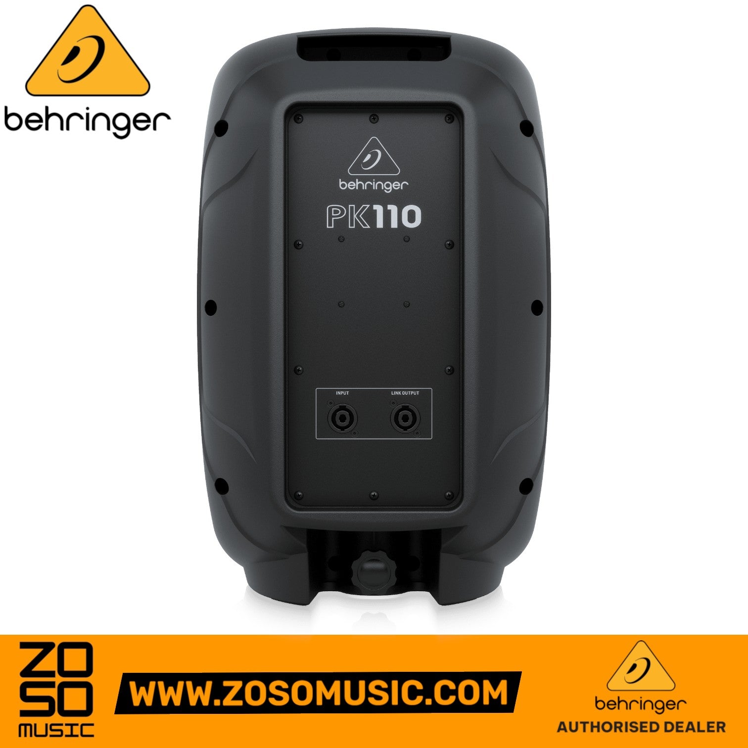 Zoso Music Behringer PK110 passive 10-inch PA speaker rear panel showing input and link output connections.