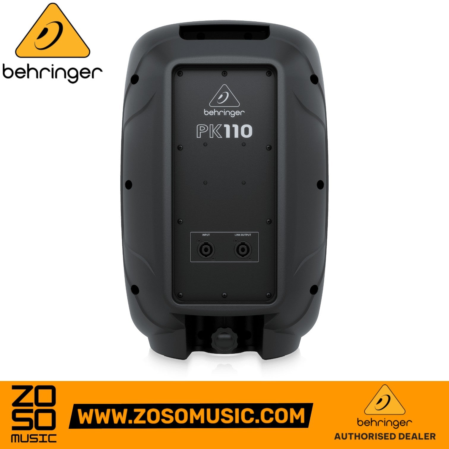 Zoso Music Behringer PK110 passive PA speaker rear panel showing input and link output speakON connectors