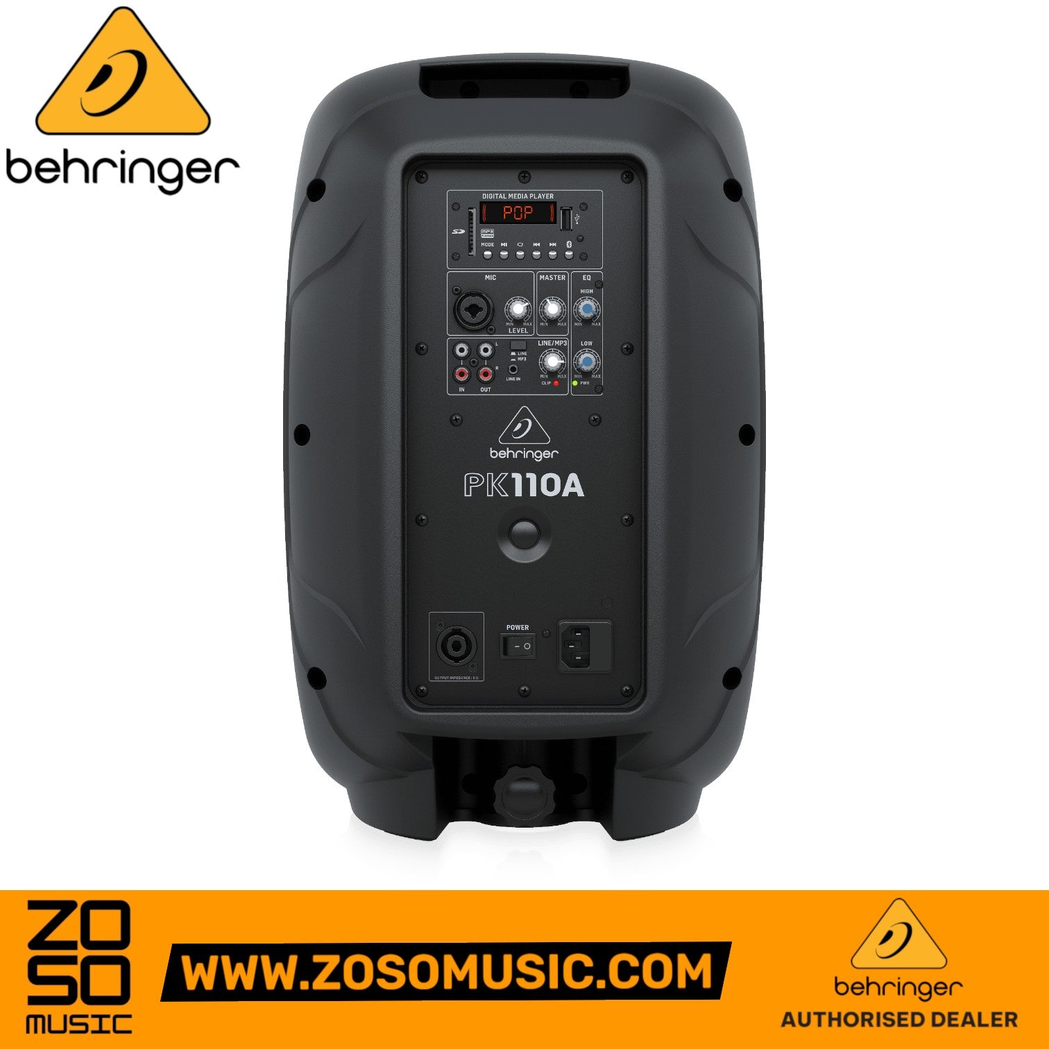 Zoso Music Behringer PK110A active 350W PA speaker back panel with integrated media player and Bluetooth controls